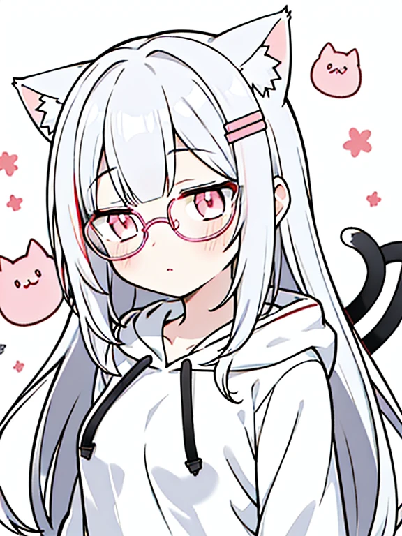 best quality, masterpiece, 1 girl, loli, upper body, female, pink eyes, long hair, small breasts, glasses, hime cut, expressionless, wink , cat ears, white hair, silver hair, streaked hair,hoodie, murder, long bangs
