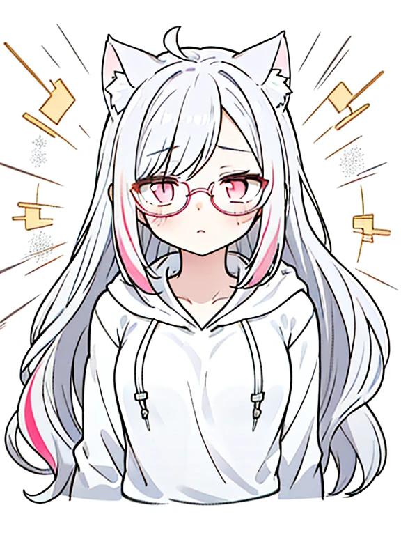 best quality, masterpiece, 1 girl, li, upper body, female, pink eyes, long hair, small breasts, glasses, hime cut, expressionless, wink , cat ears, white hair, silver hair, streaked hair，hoodie,  murder, long bangs