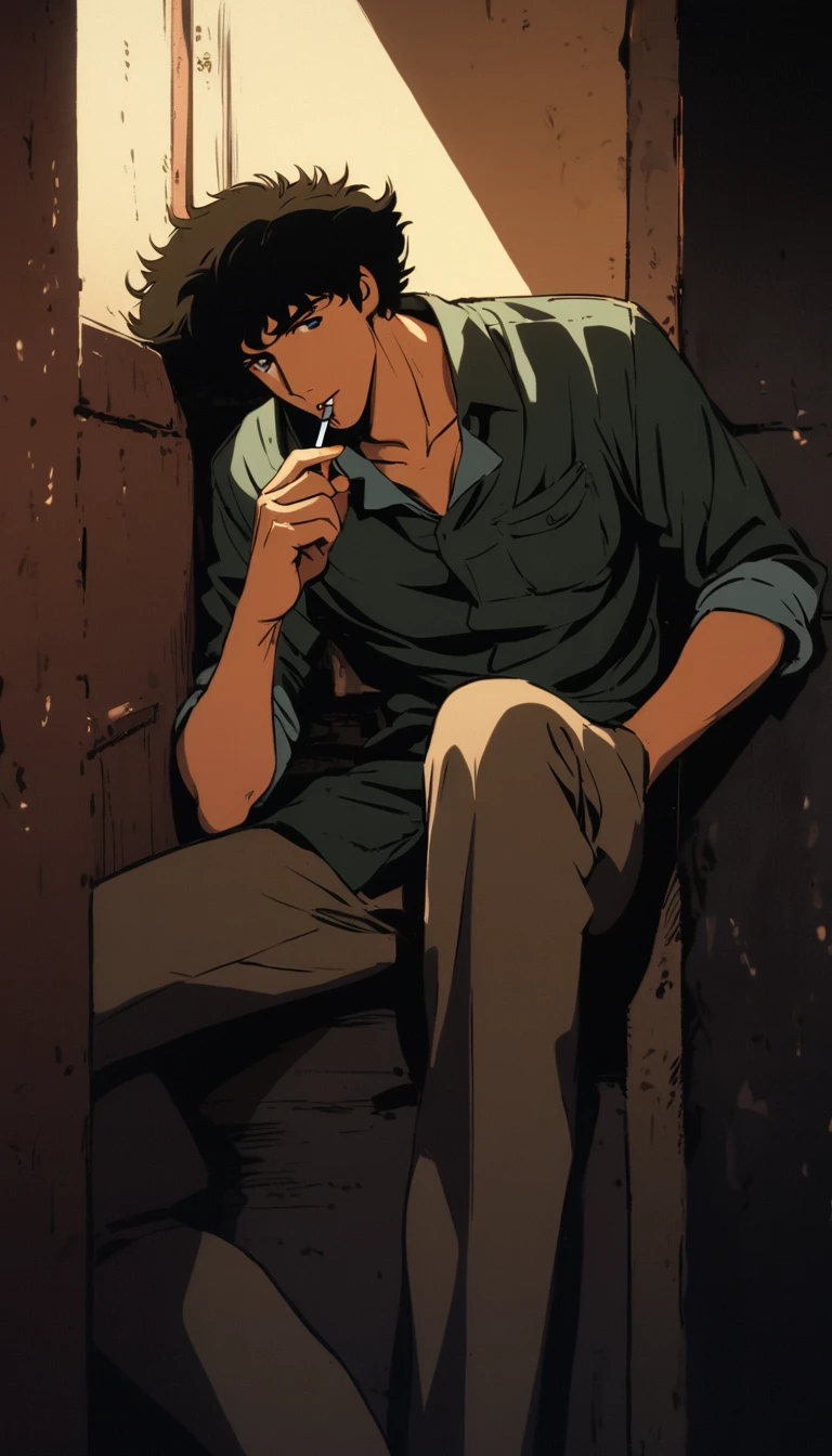 Spike Spiegel stands behind the corner of the wall, leaning his leg against the wall, a cigarette in his mouth, calmly reloading his pistol, with gunfire in the background. 