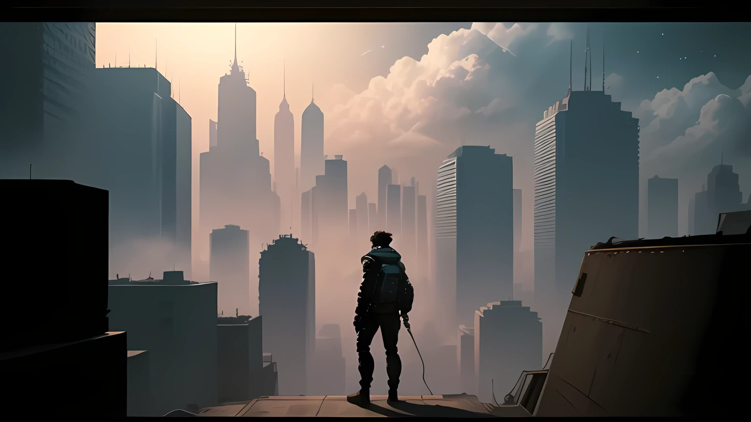 (best quality,4k,8k,highres,masterpiece:1.2),ultra-detailed,realistic, vivid colors,cowboy bebop, cowboy shot,classical, stylish, vintage, tinted colors, dimly lit, intense expressions, futuristic cityscape, spaceship, space bounty hunters, dramatic poses, action-packed, urban dystopia.