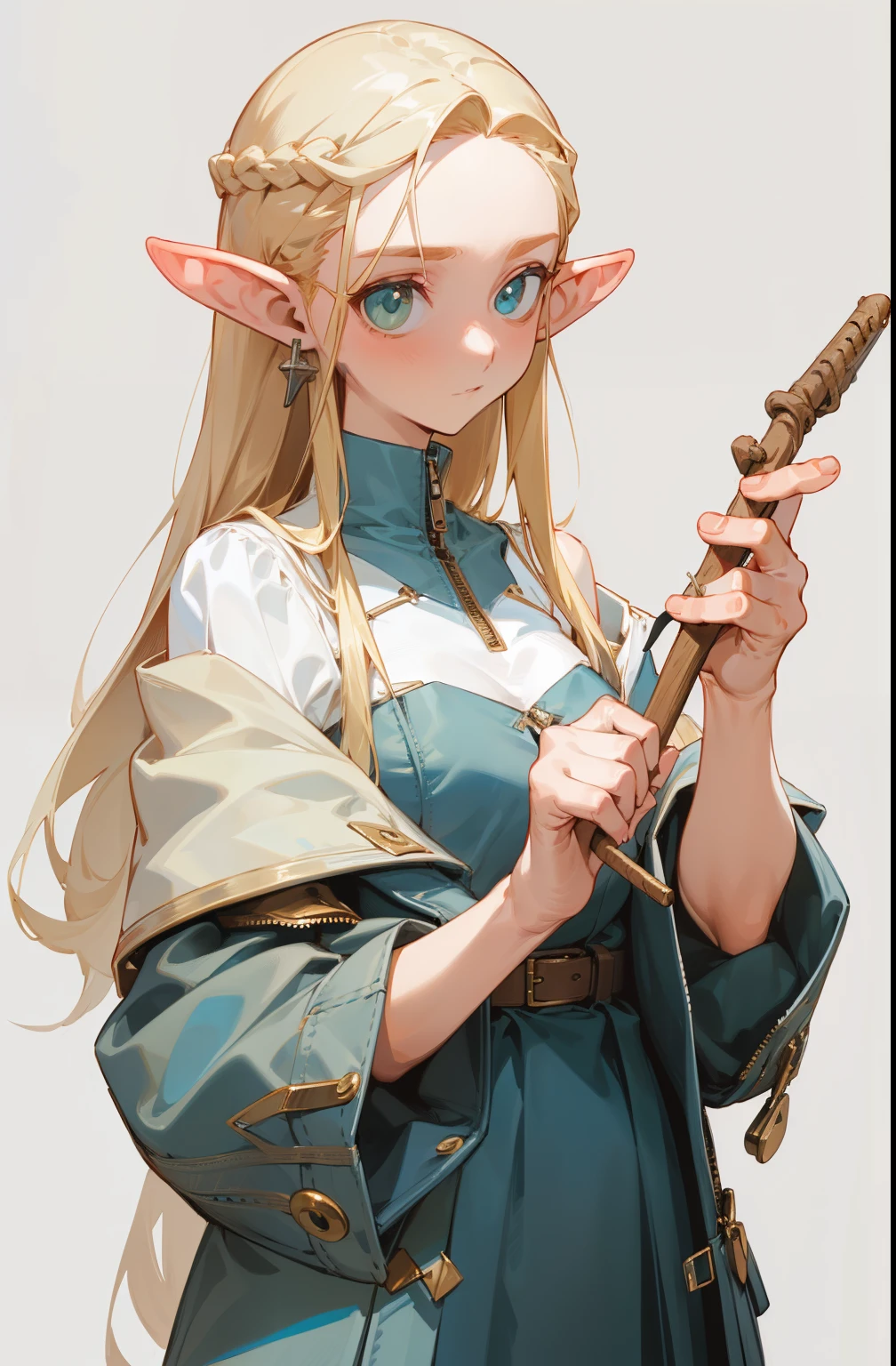 (masterpiece, best quality) detailed, silver accessories , The zipper is not closed , blond ,elegant, Pointed ears ,The clothespin is broken,Off-shoulder,whole body