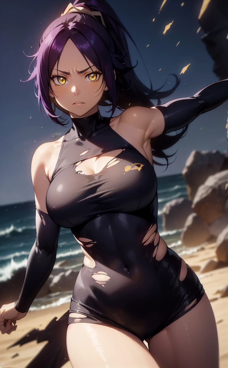 yoruichishihouin, Yoruichi Shihouin, Long Hair, (Yellow Eyes:1.5), ponytail, Purple Hair, Dark Skin, 浅Dark Skinの女性,Squat、脚のshapeをした脚を広げます、Browsing Caution、Spread your legs、
break bodysuit, black bodysuit, Bare arms, Exposing shoulders, Side bust,Exposing one breast、Raise your arms、Armpits are fully visible、Seaside、
break outdoors,
break looking at viewer, (Cowboy Shot:1.5),
break (masterpiece:1.2), highest quality, High resolution, unity 8k wallpaper, (shape:0.8), (Fine and beautiful eyes:1.6), Highly detailed face, Perfect lighting, Highly detailed CG, (Perfect hands, Perfect Anatomy),Torn clothes、Torn clothes、Rocky area、sand