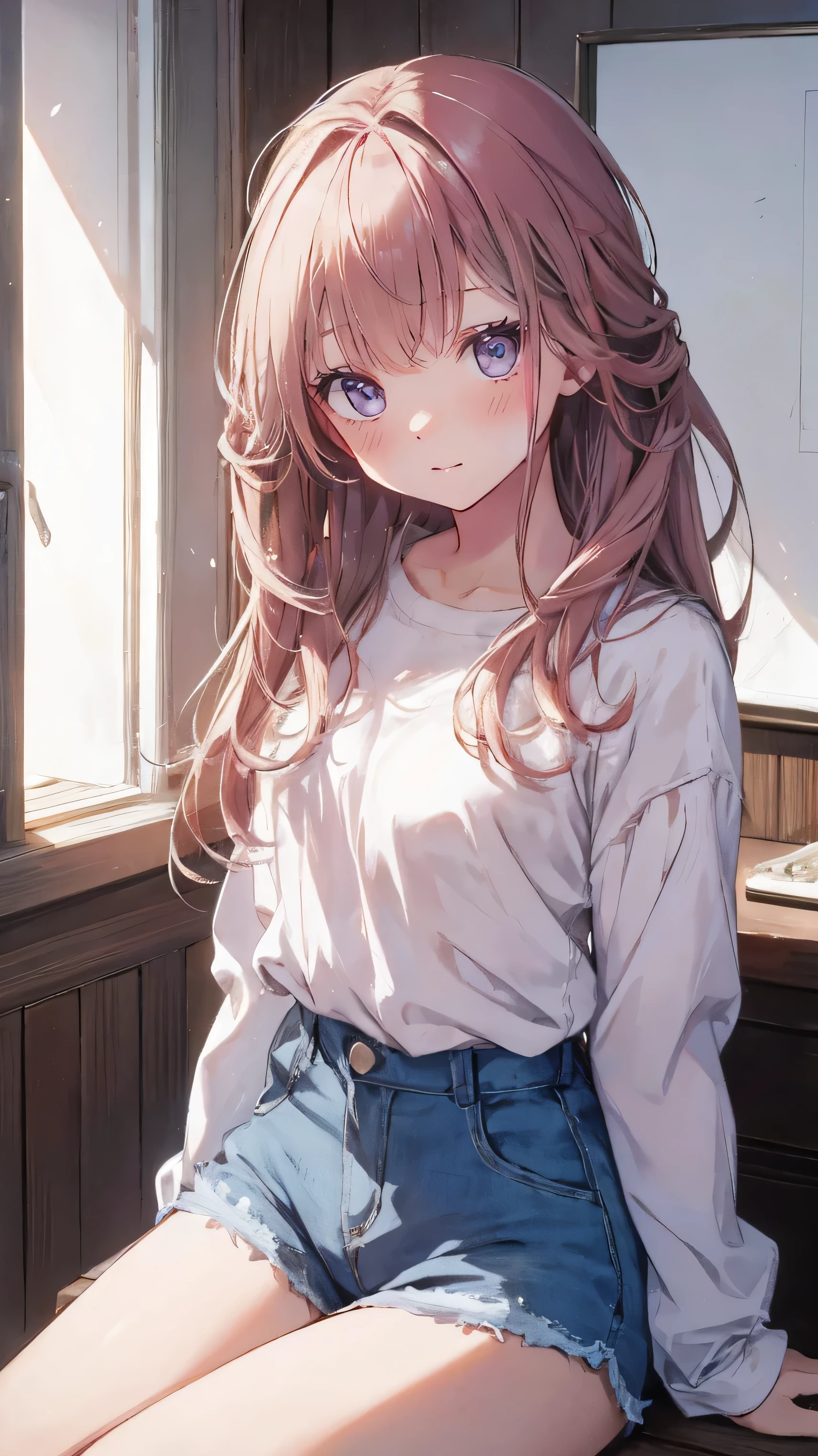 Masterpiece、Highest quality、highest quality、 ((panic))、glossy hair quality、Small face、Sitting、Super detailed and beautiful bright eyes、Super detailed clear and beautiful face、(cute illustration:1.2), High-resolution, ultra-detailed, best quality, embarrassed、(Gaps in shorts)、(cute underwear)