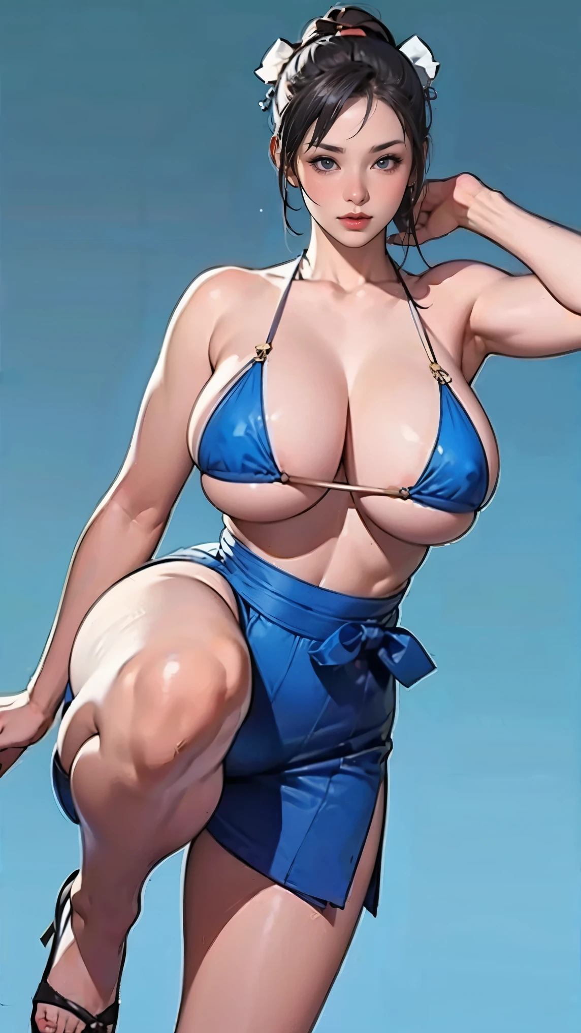 nsfw,((最high quality, 8K, masterpiece: 1.3, Ultra HD, high quality, 最high quality, High resolution, realism)) 、(High saturation:1.0), (Highly detailed skin), (最high quality:1.0), (超High resolution:1.0) ,(Realistic:1.0), (Very detailed:1.0), (8K, Raw photo:1.1), Sturdy、Muscular body'Toned like an athlete's、Street Fighter Chun-Li、Pastel blue background、I want to see up to my knees、blue micro bikini、(Huge Breasts:1.5)、Kenpo stance、Fighting Pose