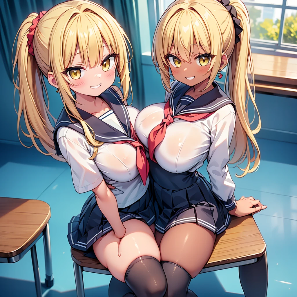 highest quality,wonderful,finely,extremely detailed CG Unity 8K wallpaper, (1 Girl,blonde, Yellow Eyes, Low Ponytail, Scrunchie, Earrings、Wicked Smile), (Grin:1.1), ((Brown Skin:1.2), (huge breasts:1.1),(sailor uniform:1.3), (zettai ryouiki:1.4),Sit on a chair、whole body、taken from above、Classroom Background