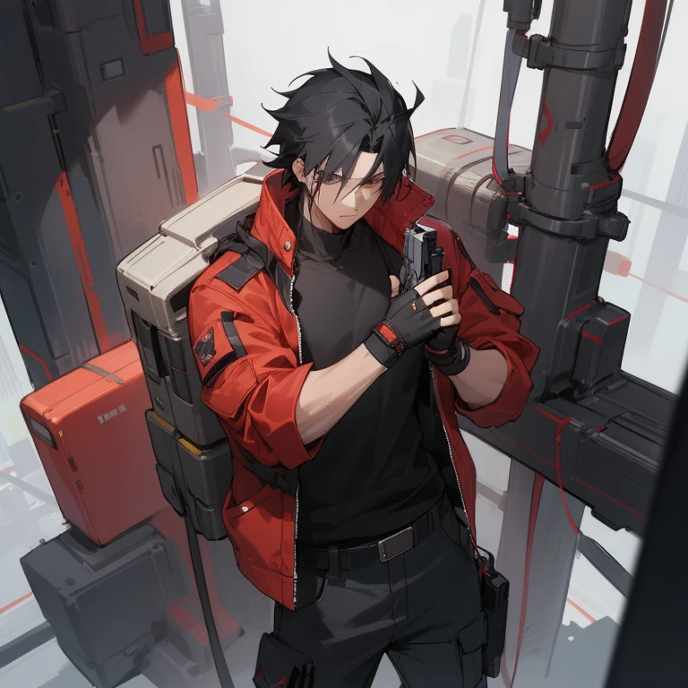 ((highest quality)), ((masterpiece)), (be familiar with), 1 male, alone, Black Hair,Spiky Hair,cargo pants,Red jacket,Black Shirt,Large size,Fingerless Gloves, cyber punk,SF,Futuristic handgun