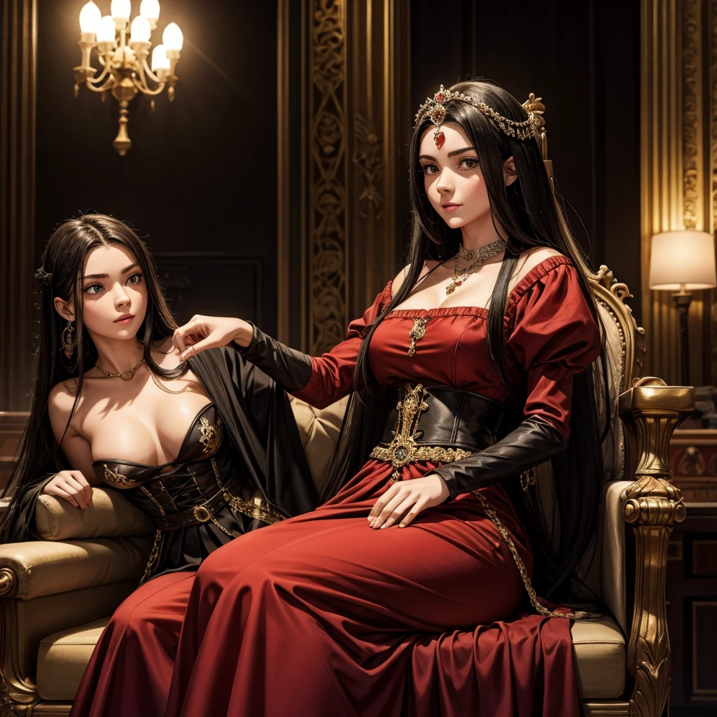 17-year-old-girl, who has olive skin, long black straight hair, red highlights in hair, red eyes, long black and red corseted puffy dress, no muscles, pretty, rude, stubborn, satchel, medieval, in palace, princess, jewelry, servants nearby, surrounded by other royals, in a royal court, fully dressed, sitting on a throne.