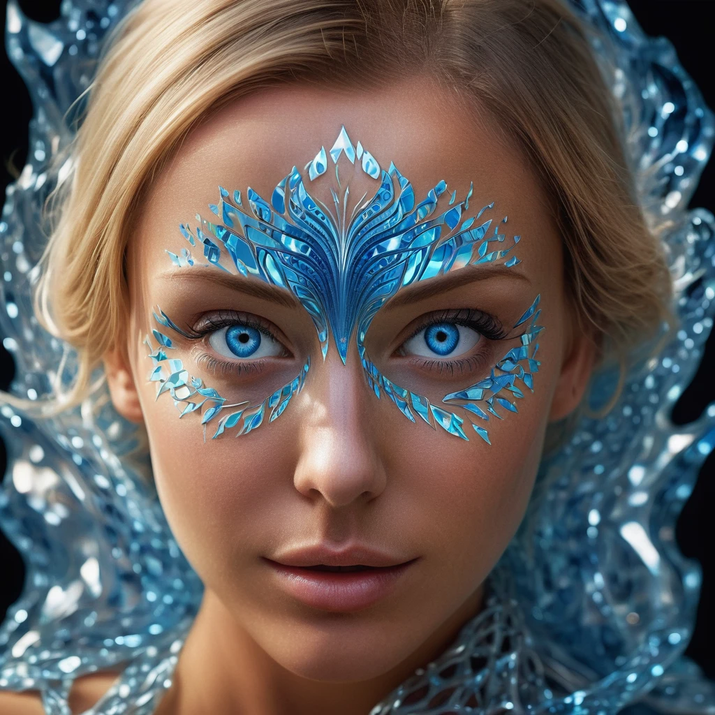 a woman's face, bathed in a radiant glow, with her features artistically distorted by a complex blue crystal pattern resembling a III-nitride photonic crystal. This pattern should amplify the light from her skin, resulting in a captivating display of luminescence. Her bright blue eyes, wide and filled with wonder, should appear to look deeply into the viewer's soul, conveying an invitation to appreciate the profound beauty of this scientific marvel