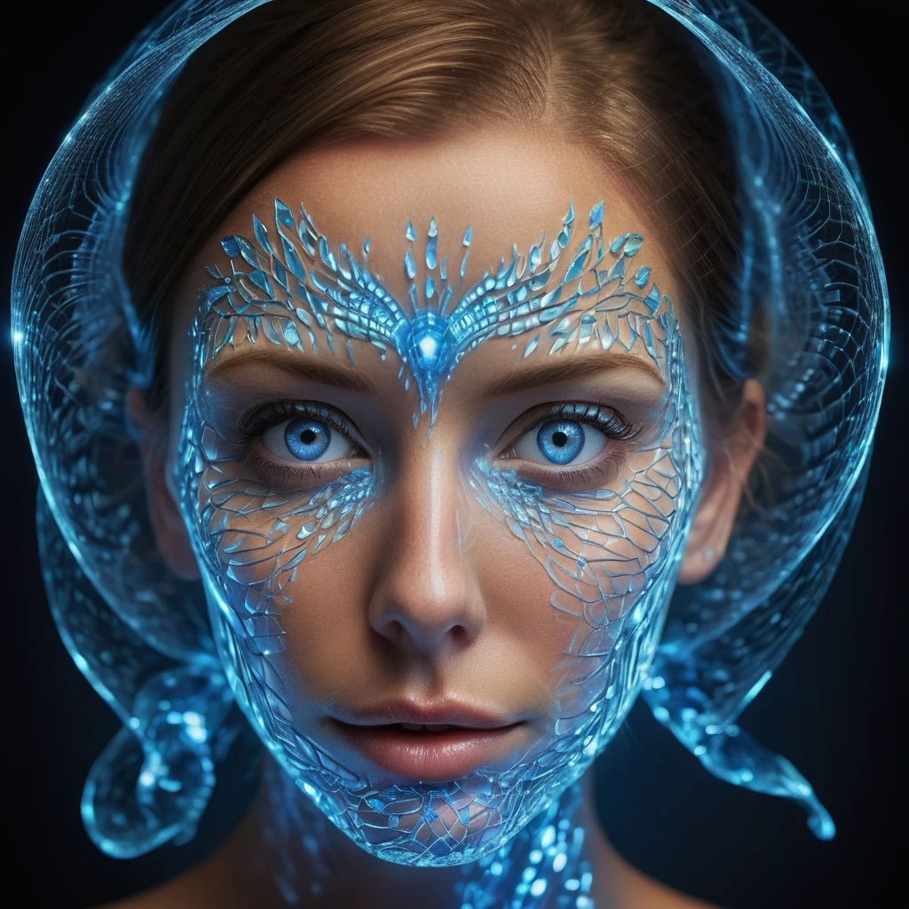 a woman's face, bathed in a radiant glow, with her features artistically distorted by a complex blue crystal pattern resembling a III-nitride photonic crystal. This pattern should amplify the light from her skin, resulting in a captivating display of luminescence. Her bright blue eyes, wide and filled with wonder, should appear to look deeply into the viewer's soul, conveying an invitation to appreciate the profound beauty of this scientific marvel