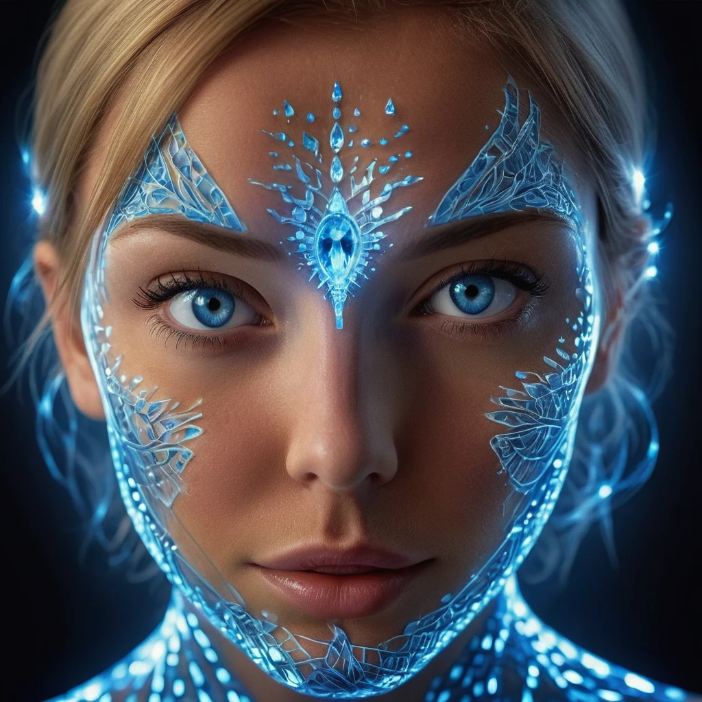 a woman's face, bathed in a radiant glow, with her features artistically distorted by a complex blue crystal pattern resembling a III-nitride photonic crystal. This pattern should amplify the light from her skin, resulting in a captivating display of luminescence. Her bright blue eyes, wide and filled with wonder, should appear to look deeply into the viewer's soul, conveying an invitation to appreciate the profound beauty of this scientific marvel