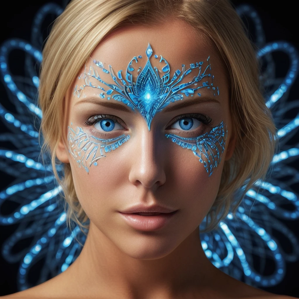 a woman's face, bathed in a radiant glow, with her features artistically distorted by a complex blue crystal pattern resembling a III-nitride photonic crystal. This pattern should amplify the light from her skin, resulting in a captivating display of luminescence. Her bright blue eyes, wide and filled with wonder, should appear to look deeply into the viewer's soul, conveying an invitation to appreciate the profound beauty of this scientific marvel