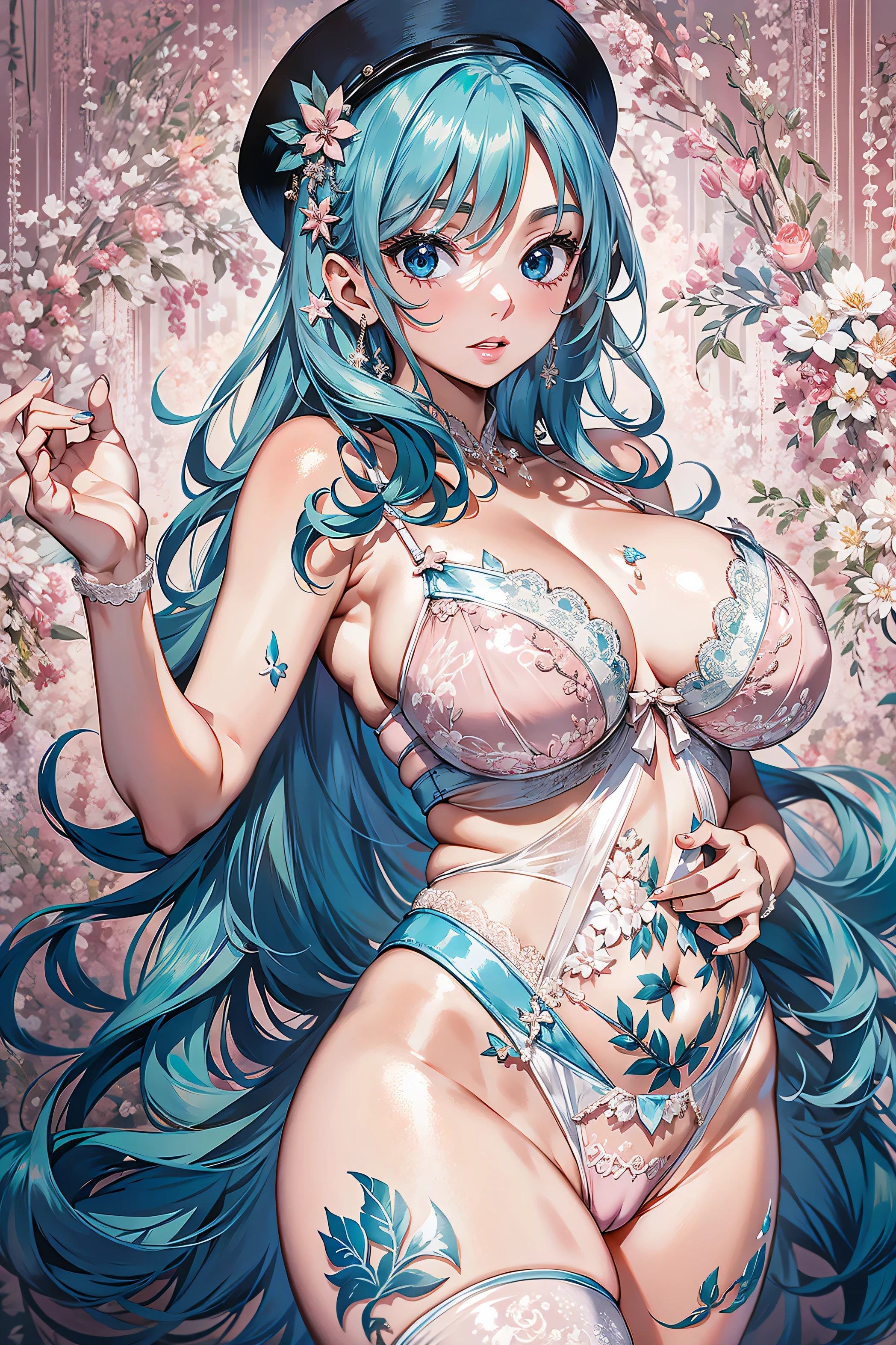 absurd, 8K, High Resolution, Ultra Detailed, Beautiful, Masterpiece, Best Quality, Very Pretty Woman, Young, Very Pretty Woman, Sexy, Straight Hair, Sexy, Detailed Female Face, Very Attractive, (baby pink lingerie:1.4), (very large breasts:1.5), aajuvia, long hair, blue headwear, fur-trimmed headwear, tattoo, thighhighs