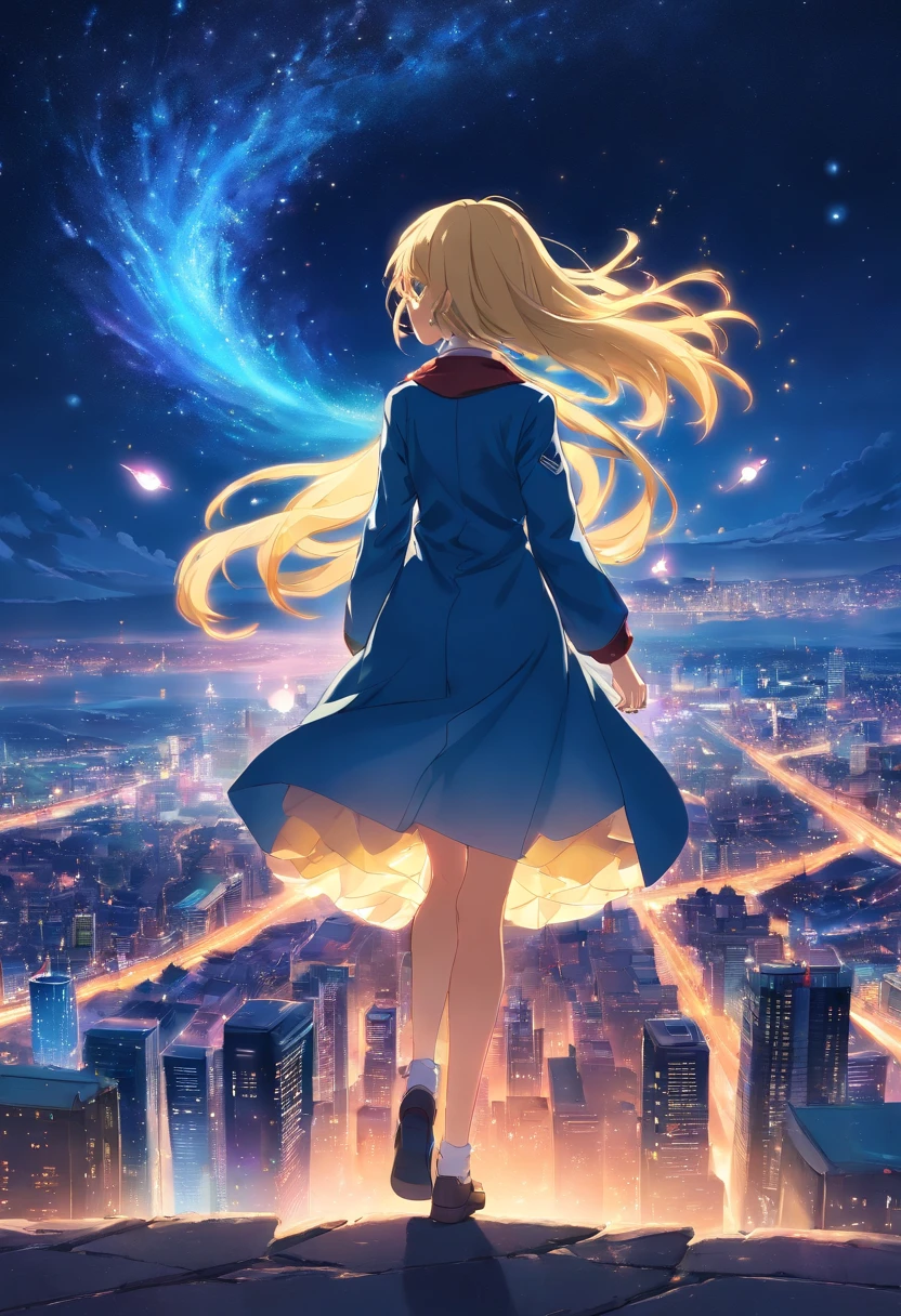 1people々々々々々々々,Blonde long-haired woman,Long coat, Dress Silhouette, Rear View,Space Sky, comet, Anime Style, Dancing Petals,Night view of the city from the mountainside,