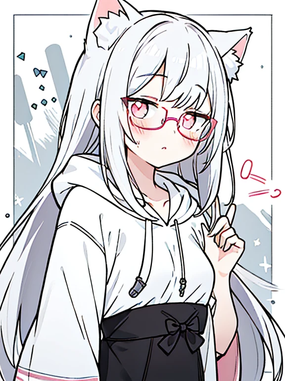 best quality, masterpiece, 1 girl, loli, upper body, female, pink eyes, long hair, small breasts, glasses, hime cut, expressionless, wink , cat ears, white hair, silver hair, streaked hair,hoodie, murder, long bangs