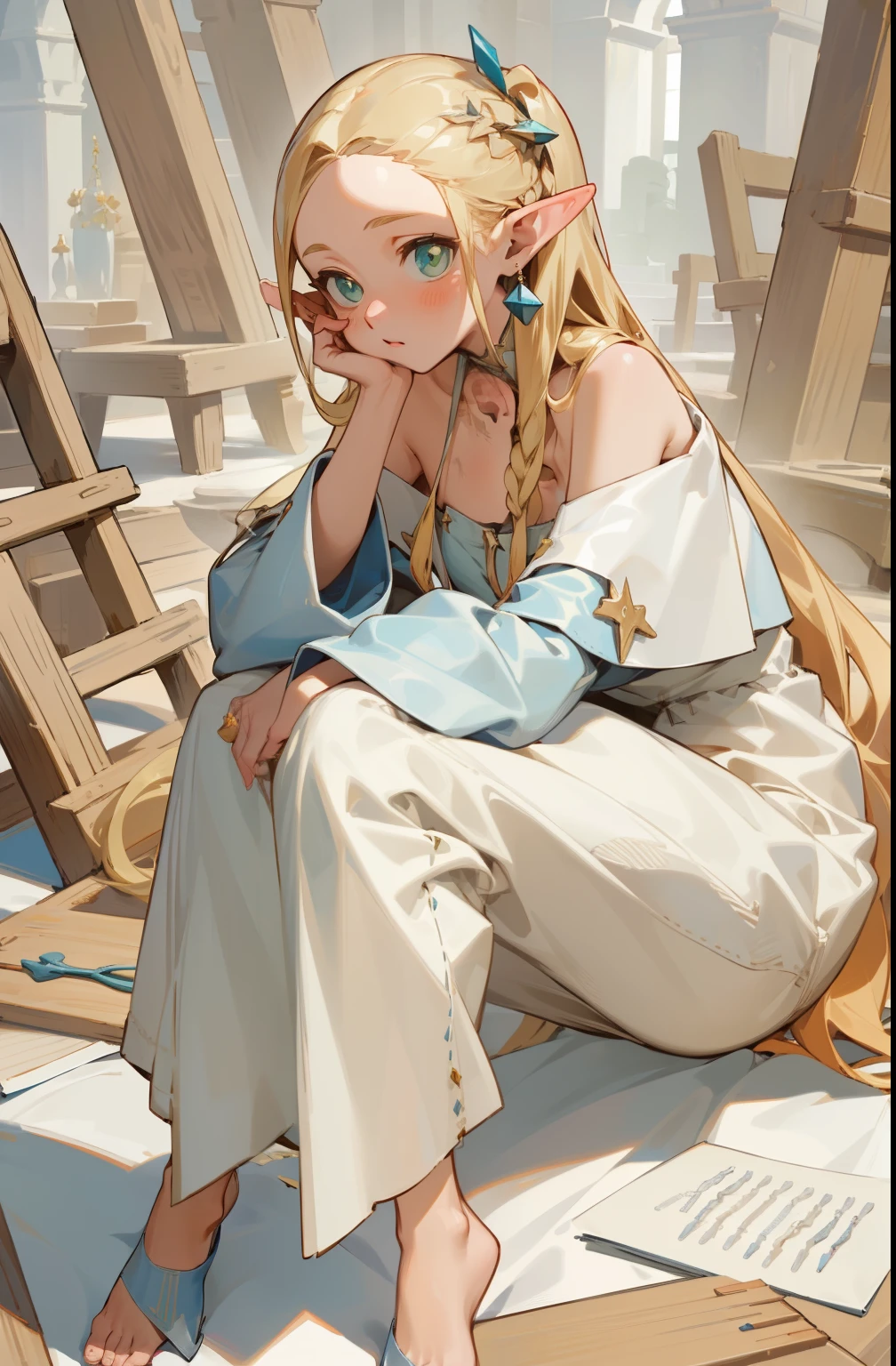 (masterpiece, best quality) detailed,  silver accessories , blond ,elegant,  Pointed ears ，The clothespin is broken，Off-shoulder，whole body