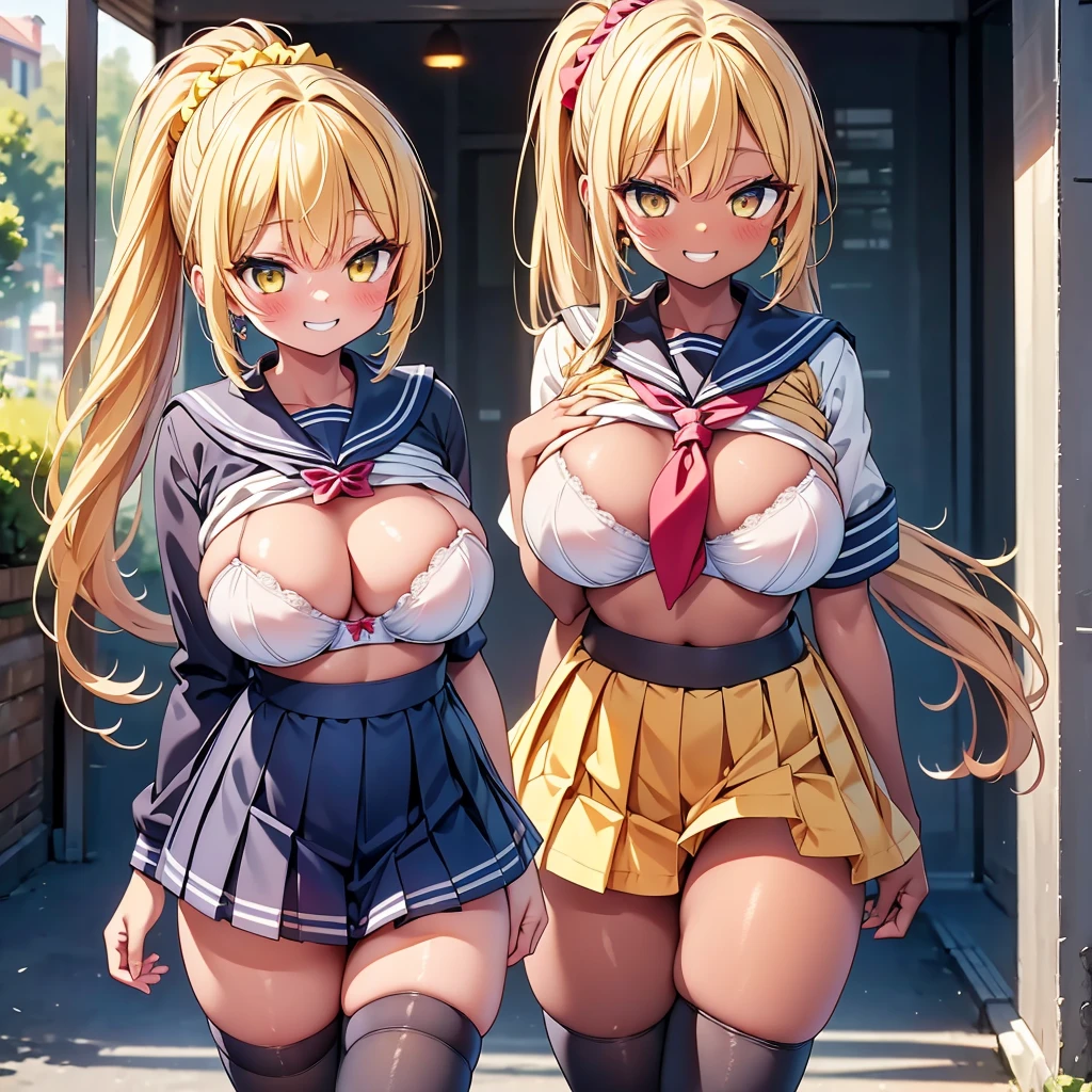 highest quality,wonderful,finely,extremely detailed CG Unity 8K wallpaper, (1 Girl,blonde, Yellow Eyes, Low Ponytail, Scrunchie, Earrings、Wicked Smile), (Grin:1.1), ((Brown Skin:1.2), (huge breasts:1.1),(sailor uniform:1.3), (bra lift:1.2), (zettai ryouiki:1.4)