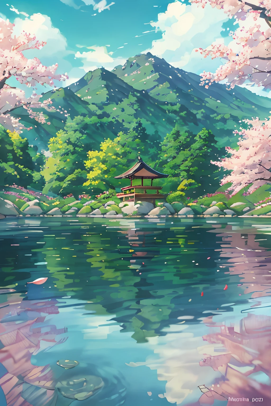 Beautiful Japanese garden, tranquil setting, cherry blossom trees in full bloom, vibrant colors, serene pond with crystal-clear water, koi fish swimming, soft ambient light, detailed stone lanterns, lush greenery, clean lines, realistic rendering, ultra-high definition, high contrast, authentic Japanese elements, calming atmosphere, focus on textures, real-lifematerials, artisanal pottery, subtle shadows, intricate details, peacefulness.