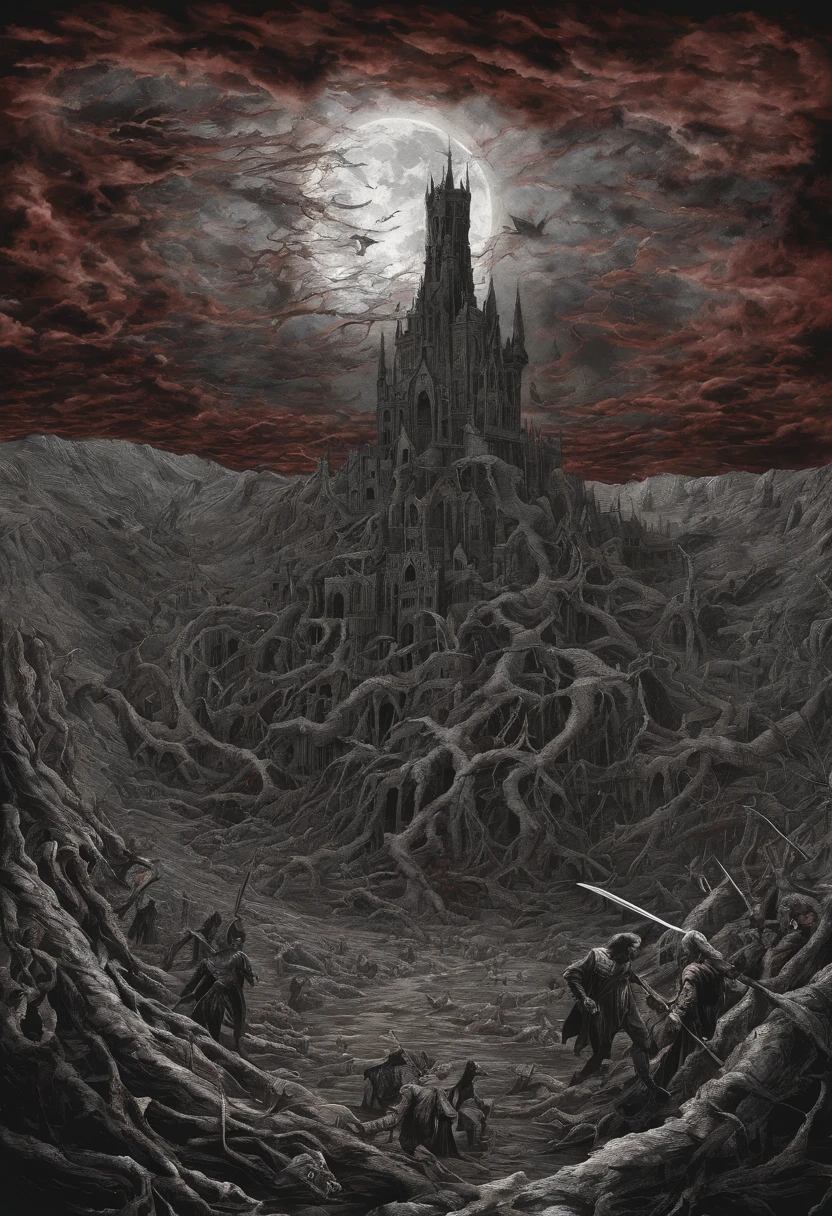 A detailed horror landscape, huge horde of demons, parade, (full of demons:1.2), deformed, (thin demons), a thousand demons, monsters, demons, many demons, (ruins:0.8), (Parading), dark environment, fog, beksinky, by Zdzislaw Beksinski, masterpiece, best quality