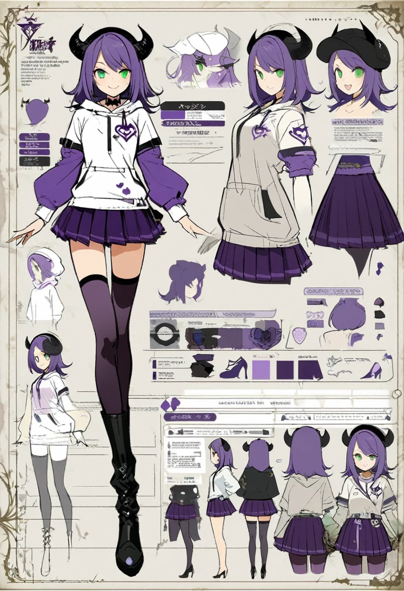 concept art, character sheet, purple medium hair, green eyes, demon girl, demon horns, smiling, big headphones, black cap, white hoodie, skirt, thighhighs, high heel boots,