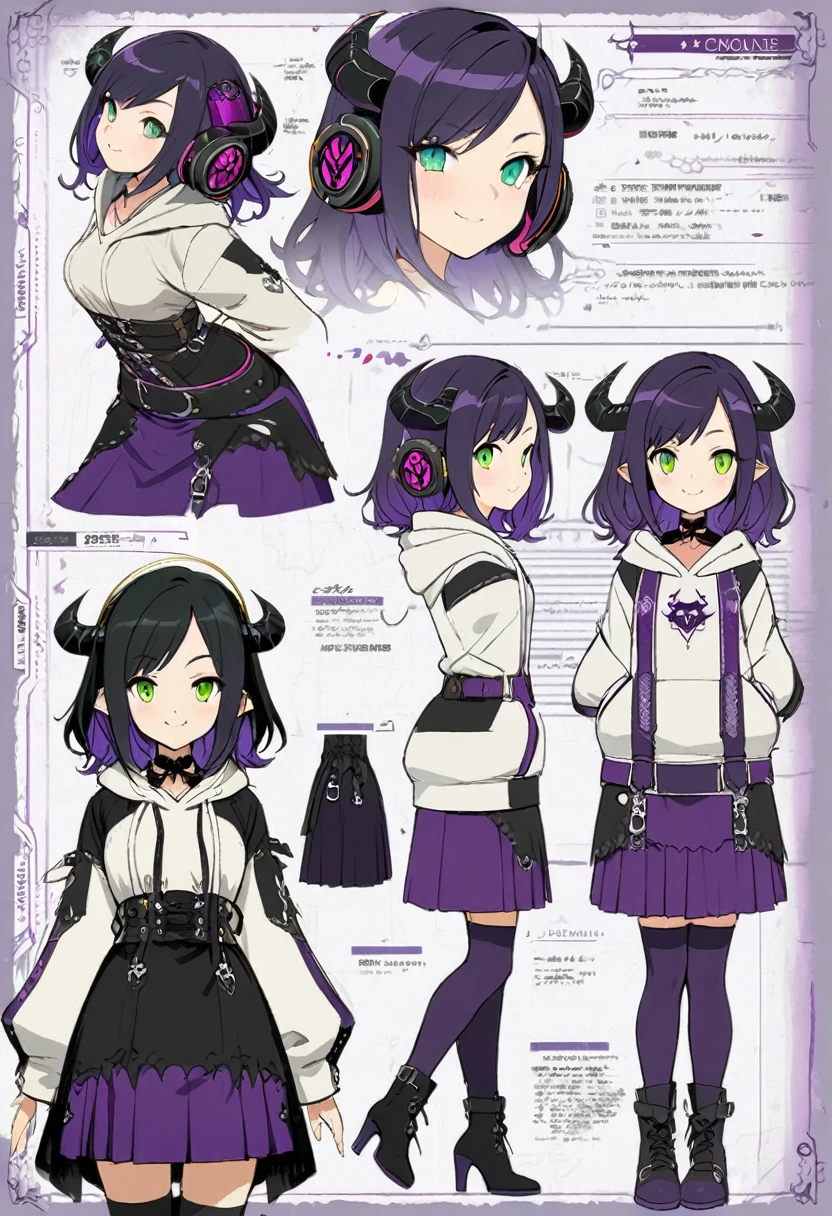 concept art, character sheet, purple medium hair, green eyes, demon girl, demon horns, smiling, big headphones, black cap, white hoodie, skirt, thighhighs, high heel boots,