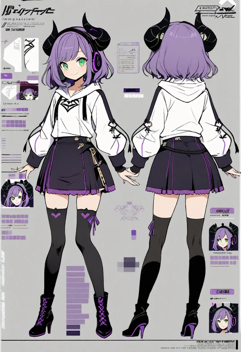concept art, character sheet, purple medium hair, green eyes, demon girl, demon horns, smiling, big headphones, black cap, white hoodie, skirt, thighhighs, high heel boots,