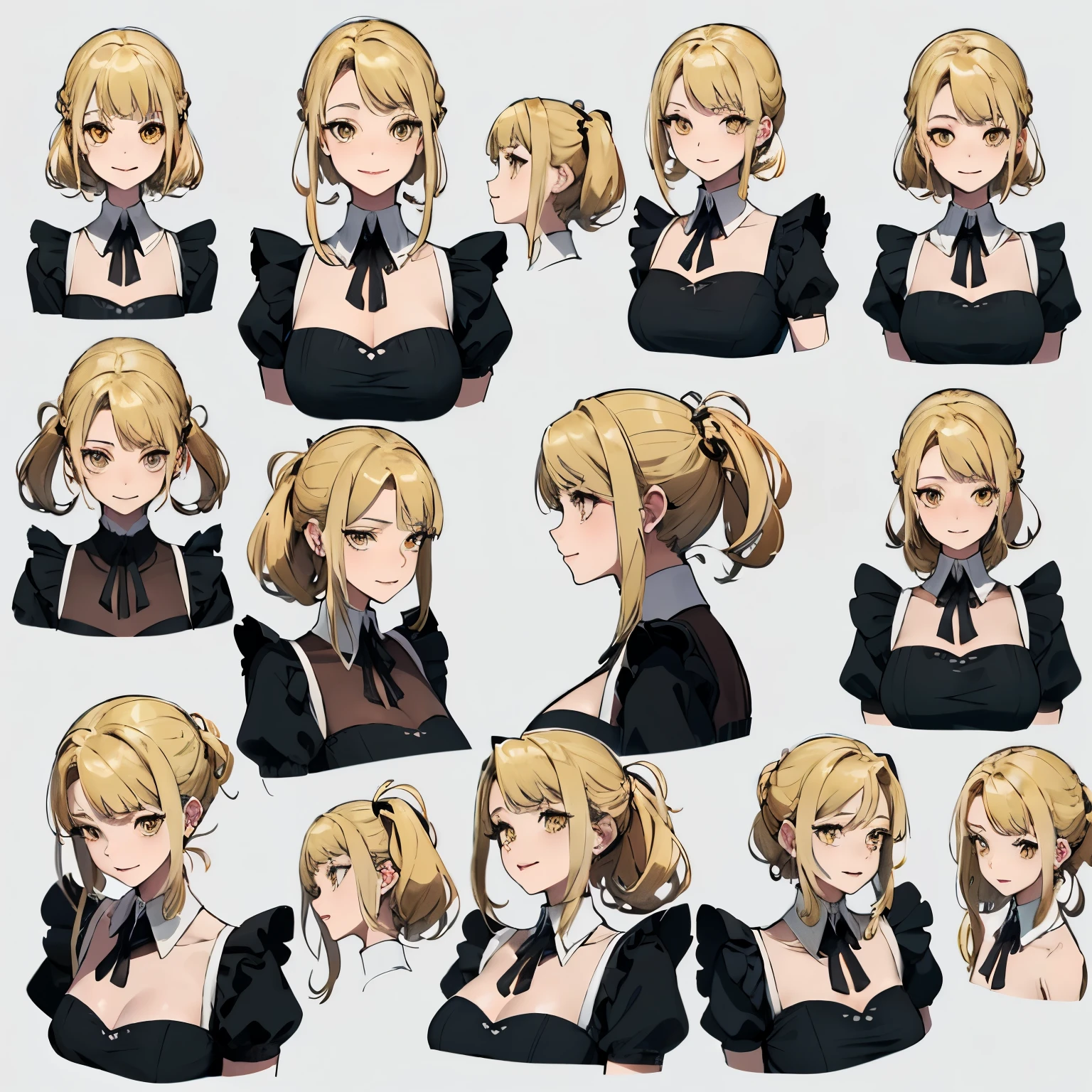 (masterpiece, 8K, highest quality, Very detailed, 1 mature woman), (Consistent personality, Same character), (Blonde Hair, Yellow Eyes), (Very detailed顔と肌の質感, Fine grain), Wicked Smile, big breasts, alone, (Maid), White Background, Bare shoulders, Captivating smile, (Multiple Views, multiple angles), Side view, Front view, look up, Looking down, Rear view, 20-degree head view