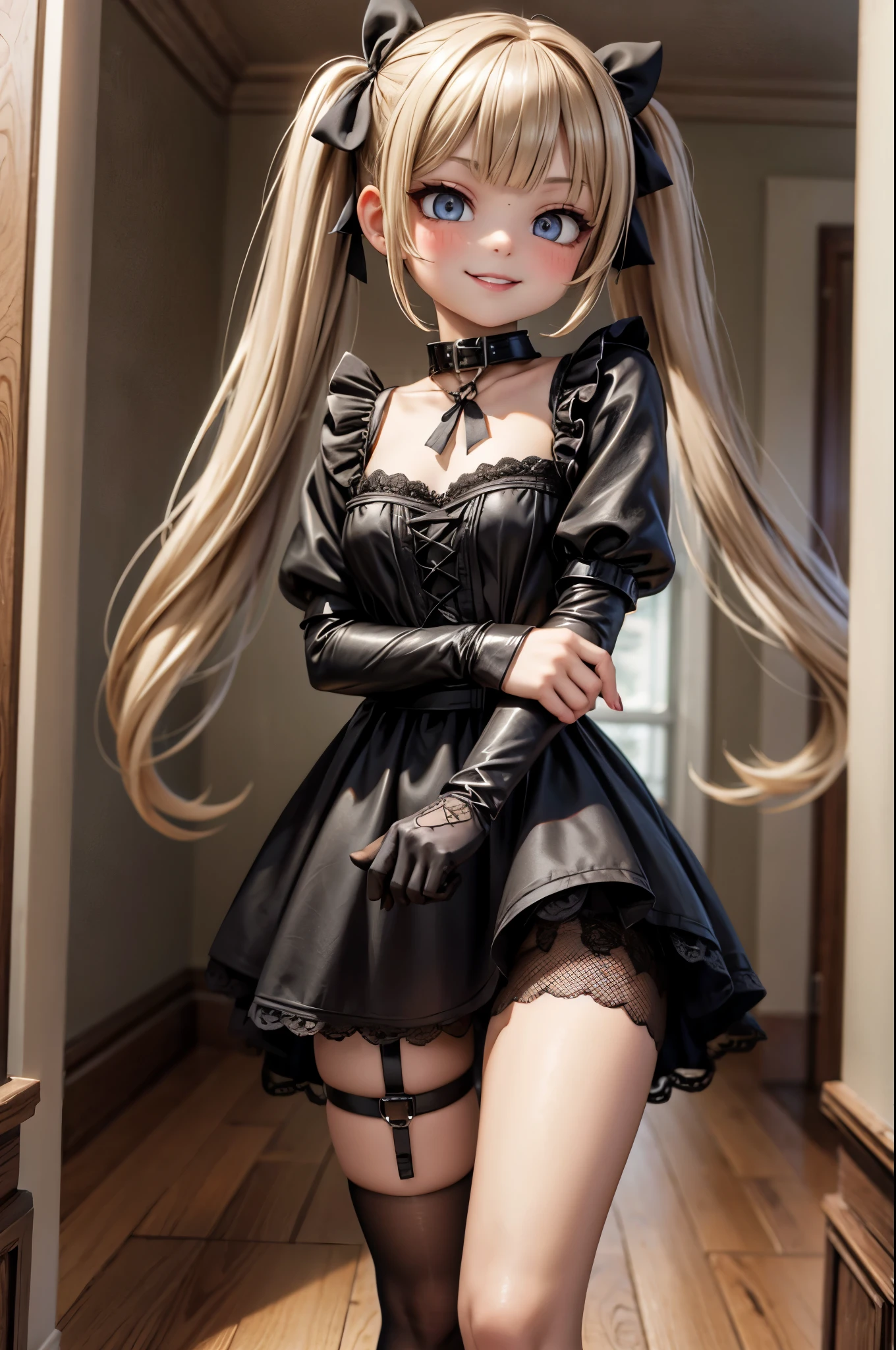 Gothic Doll, Slavic, hazel eyes, , smile with braces, twintails high Bob hair, dark blonde, bangs, dark lipstick on lips, black collar, black fishnet gloves, in a house hallway

