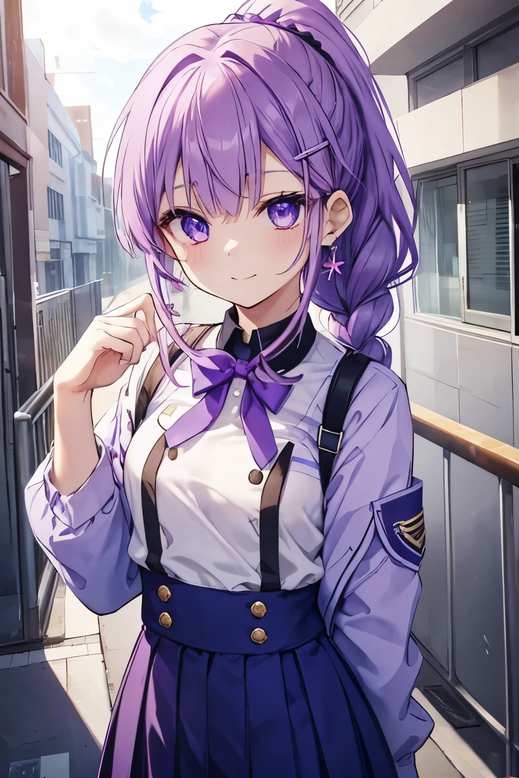 Purple hair and eyes、 girl、Small breasts、braided ponytail、smile、Gal-like、Wearing cute earrings、cute uniform、Put highlights in the eyes、Cute hairpin、whole body、School