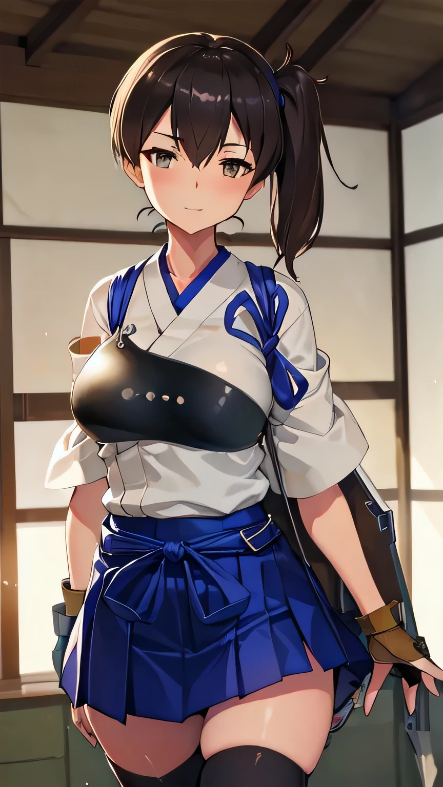 Open your mouth, big breasts ,,BTPT-FC,Wide Hips,,Wide Hips,Open your mouth,kaga (kancolle), {{kaga kai ni (kancolle)}}, side ponytail, brown eyes, black long hair, black thighhighs, short skirt, hakama skirt, japanese clothes, , blue hakama, hakama, muneate, tasuki, partially fingerless gloves, brown single glove, 
,Tsurime,Fleet Collection, smile,,Wide Hips, highest quality,,Have,Are standing,Cowboy Shot,room,