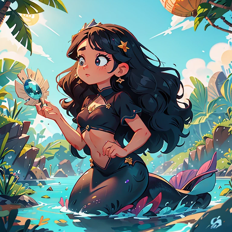{{obra de arte}}, melhor qualidade, papel de parede, sereia, Olhos lindos e detalhados, preto, olhar lateral, cabelo rosa, mermaid holding a royal victory, sun rays crossing the water, clear waters