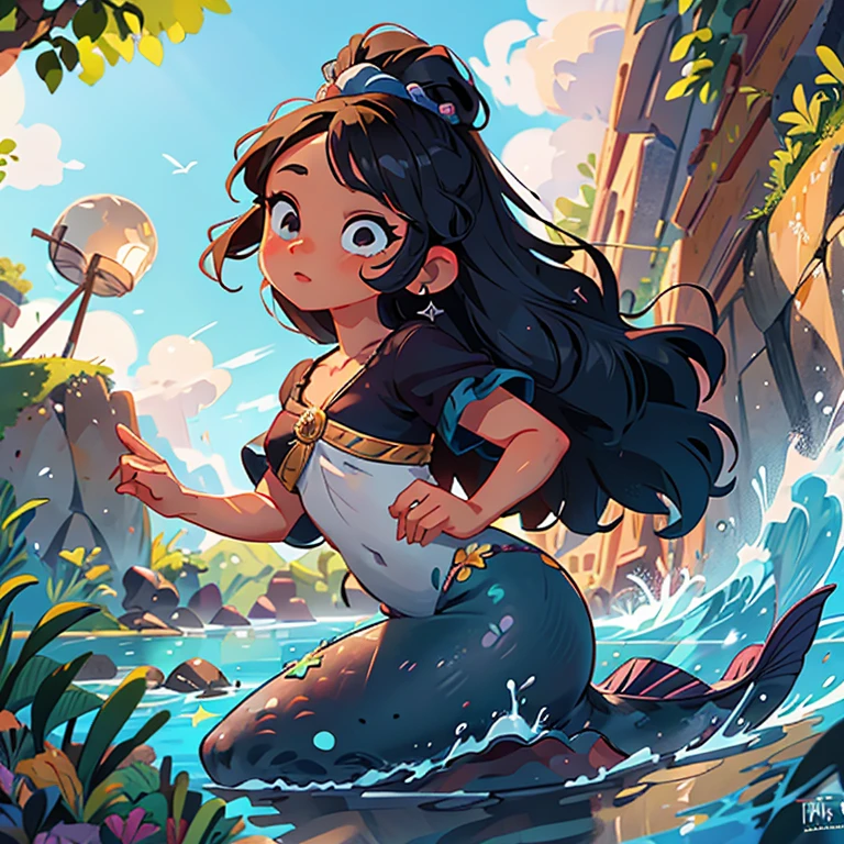{{obra de arte}}, melhor qualidade, papel de parede, sereia, Olhos lindos e detalhados, preto, olhar lateral, cabelo rosa, mermaid holding a royal victory, sun rays crossing the water, clear waters
