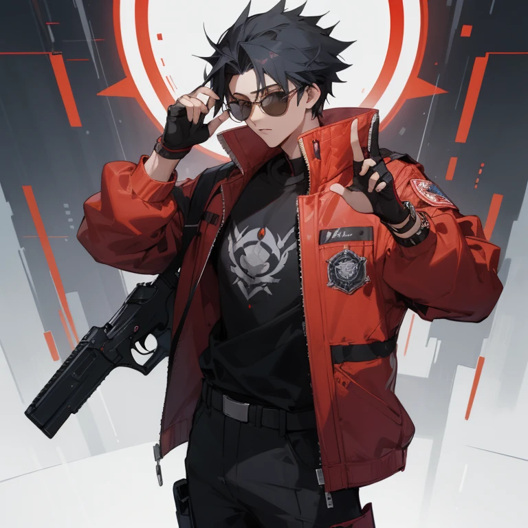 ((highest quality)), ((masterpiece)), (be familiar with), 1 male, alone, Black Hair,Spiky Hair,cargo pants,Red jacket,Black Shirt,Large size,Fingerless Gloves, cyber punk,SF,Futuristic handgun,sunglasses