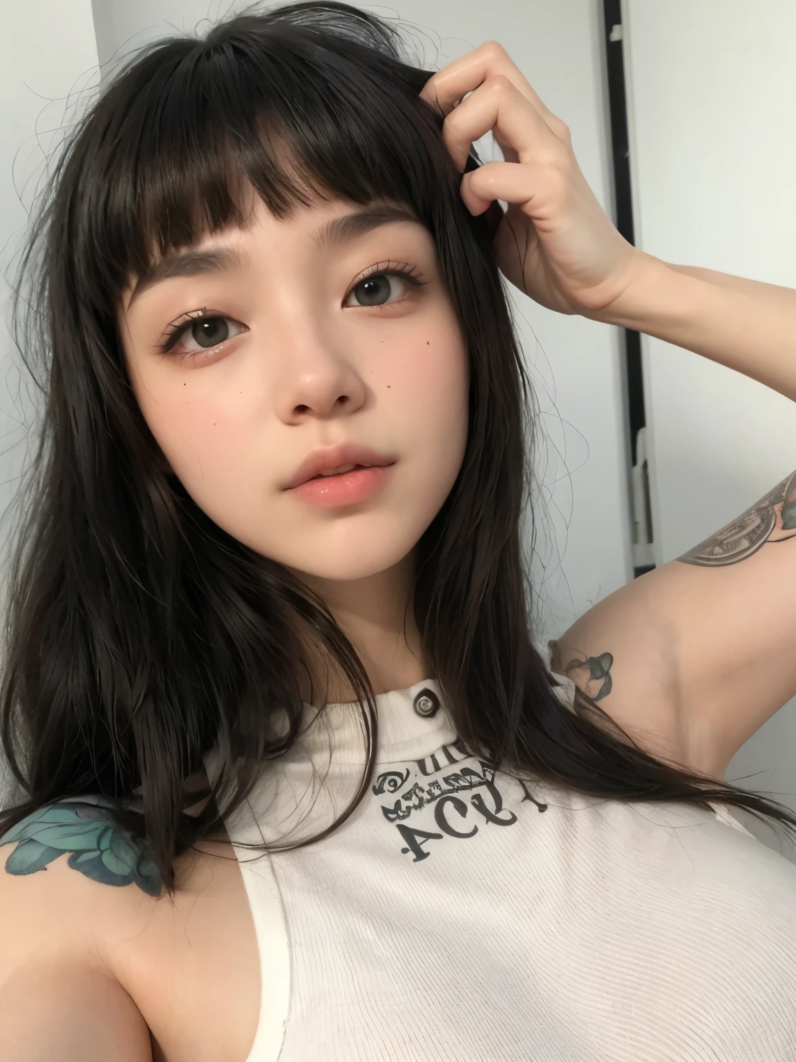 a close-up of a woman with long hair and a tattoo on her arm, she has black hair com franja, long franja reta, 🤤 retrato de , franja reta, garota cara fofa, com franja completa, beautiful asian girl, neat hair com franja, com franja, cabelo preto com franja, long black hair com franja, long hair com franja