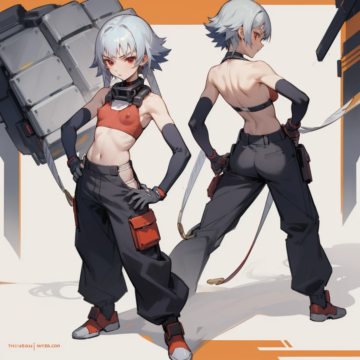 ((highest quality)), ((masterpiece)), (Become familiar with), 1 girl, alone, Silver Hair,Brown Skin,Red eyes,Long trousers,red sleeveless,Clothes with a visible back, thin,thin,short hair,Small breasts, Erect nipples, gloves, Place your hands on your hips,cyber punk,SF