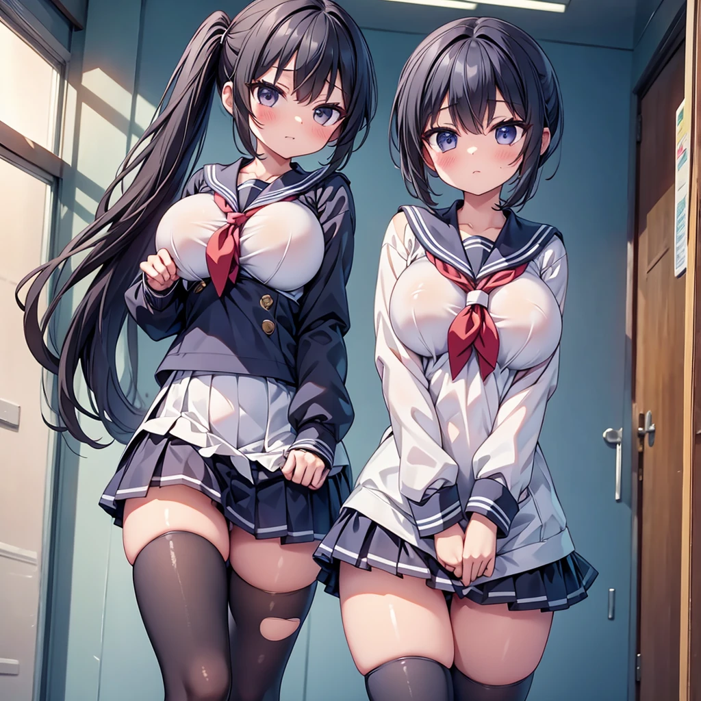 highest quality,wonderful,finely,Highly Detailed CG Unity 8K Wallpaper, (1 girl, Black Hair, Side Ponytail),(Torn clothes:1.5),(Huge breasts:1.1),(Sailor suit:1.3), (zettai ryouiki:1.4)