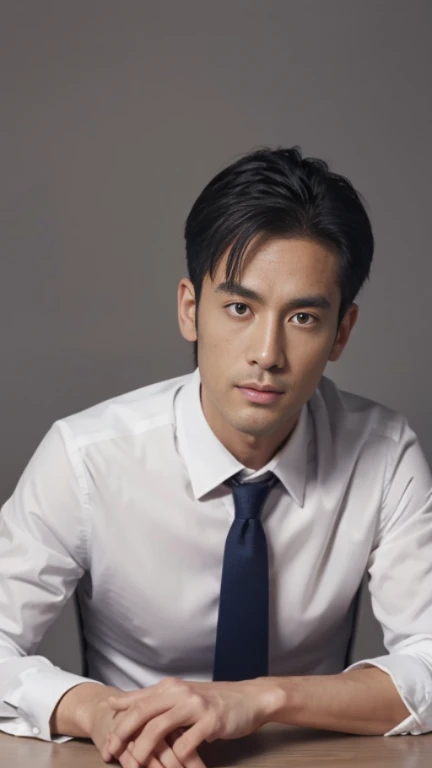 (Extremely detailed CG Unity 8K wallpaper,On the table, best quality, Super detailed), Gray background, 35 year old male,Living in Japan, 35 year old male市政厅雇员, Sports Hairstyle, black haired, Narrow facial contours, Sparse eyebrows, Sharp eyes, High and thin nose, Thin lips, Slim body, Shirt and Tie, deep impression