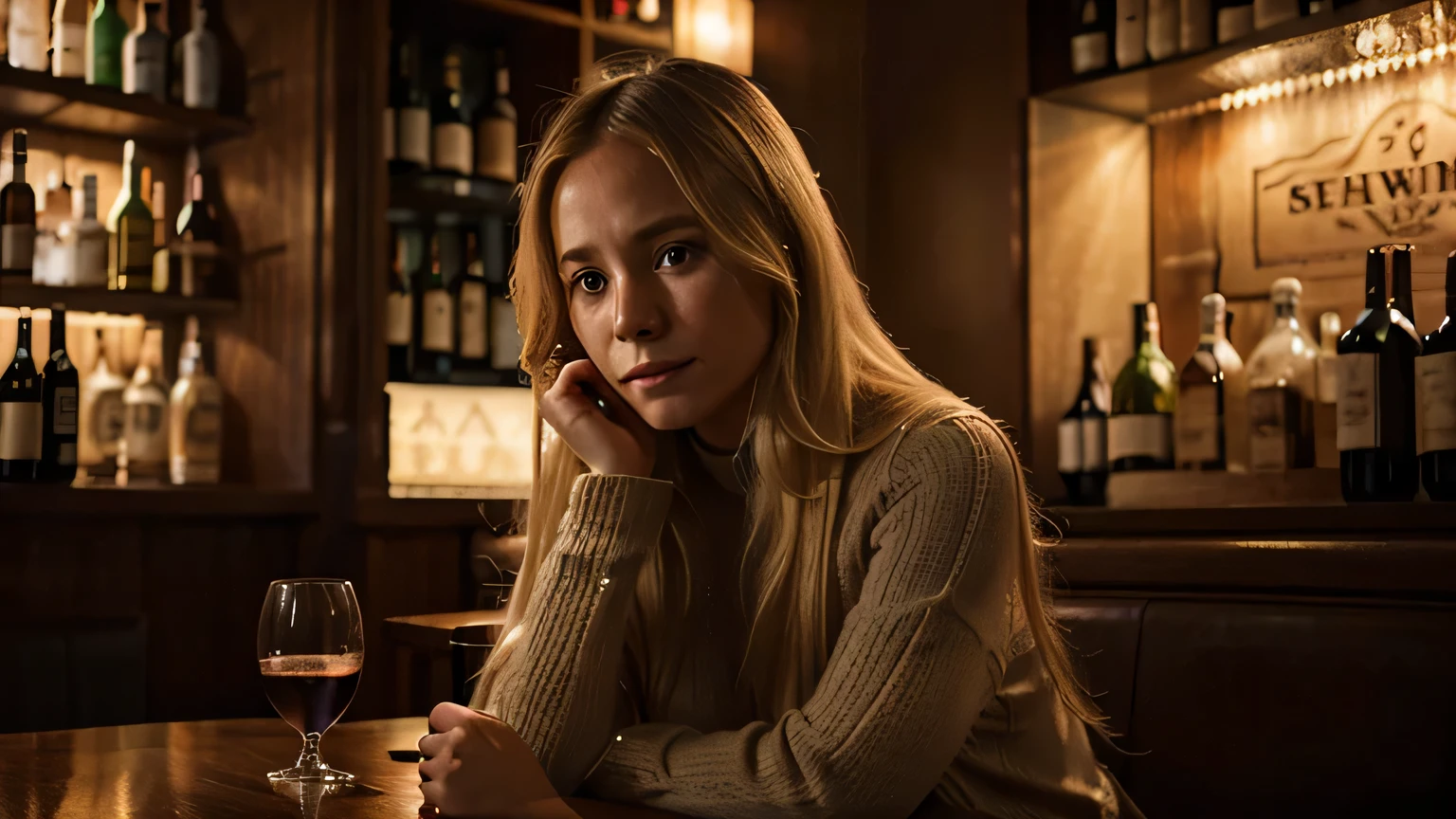 Woman with long blond hair wearing long knitted dress,There is a bottle of wine and a glass of whiskey on the table、Woman with sad expression and tears in dark corner of bar、dim lights,sad atmosphere