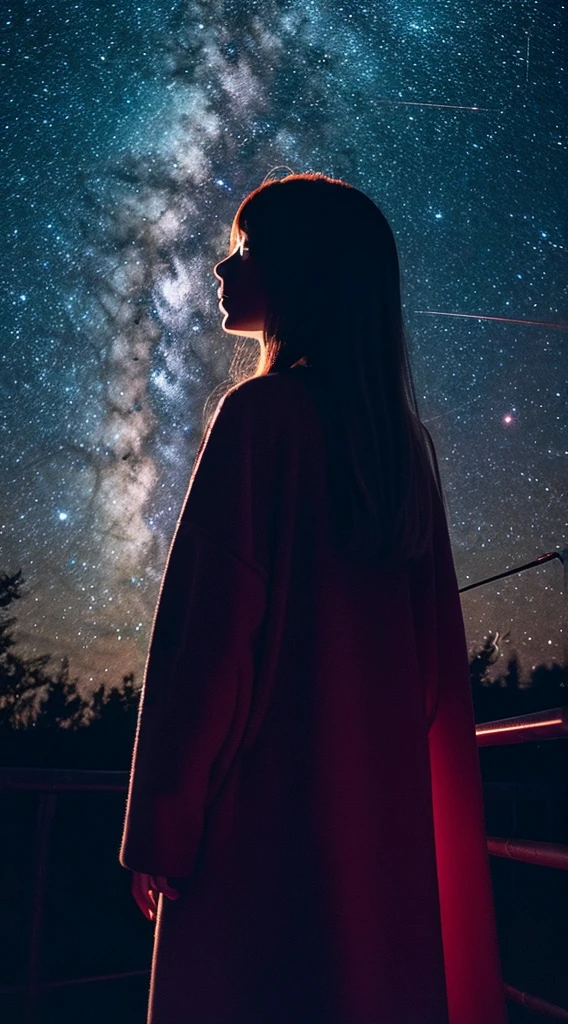 １people々々々,Blonde long hair，Long coat，silhouette， Rear View，Space Sky, milky way, Anime Style, Rose，Rose，night，辺り一面に舞うRoseの花びら，山腹から見た街のnight景，
