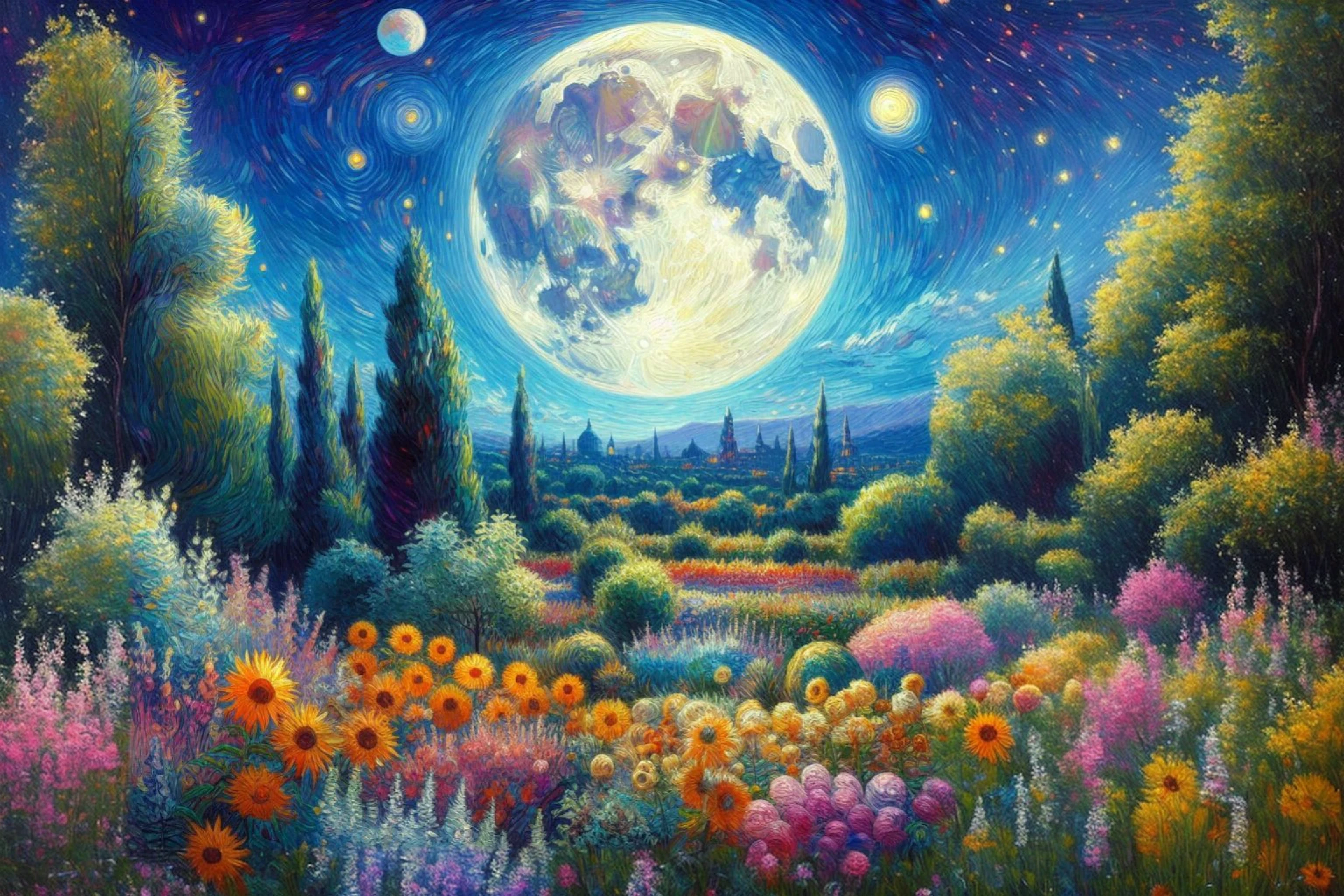 Art. Big full moon over the garden. Oil on canvas. Painting. Oil color. beautiful sky.