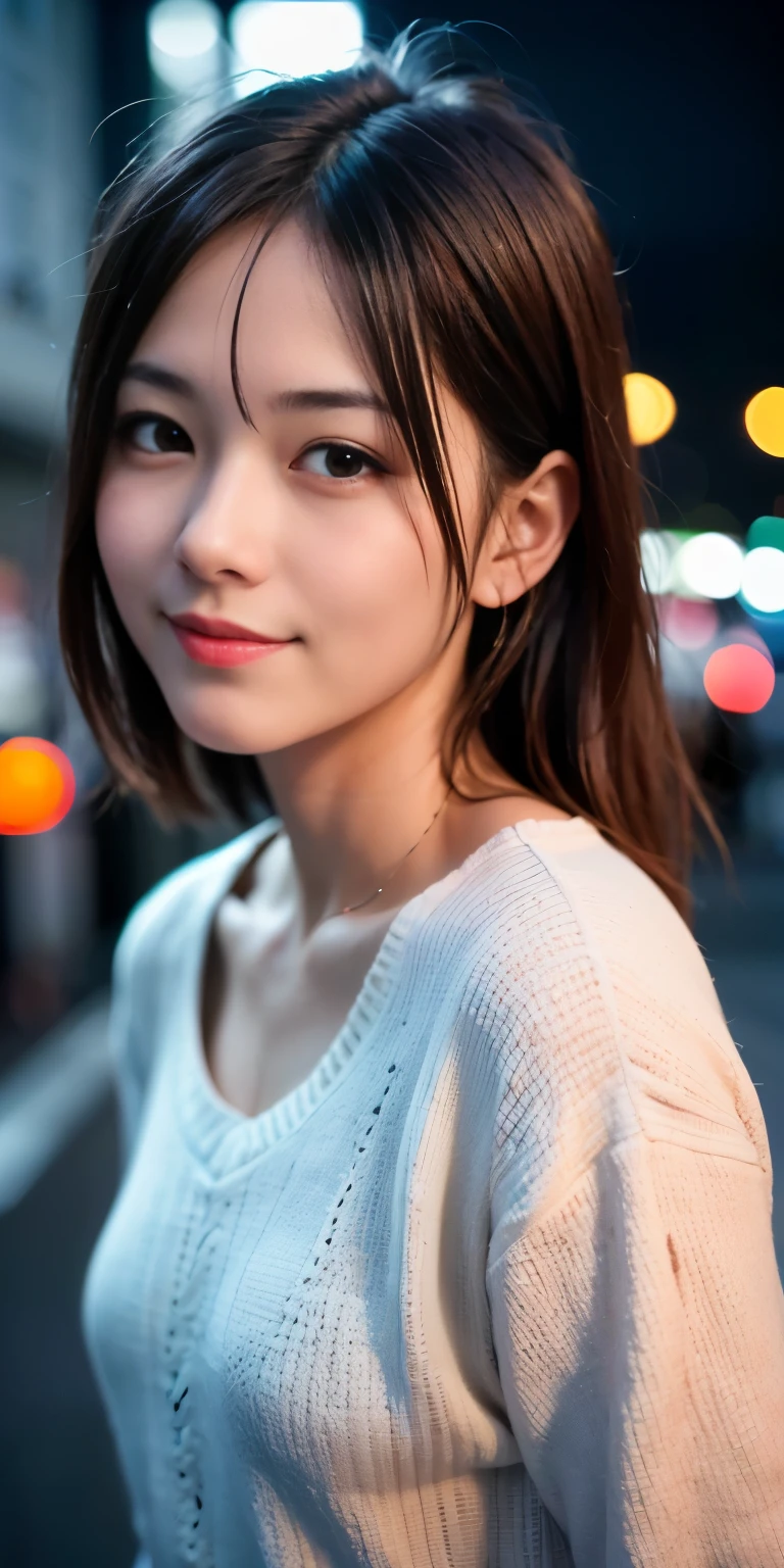 1 Girl, Tokyo Street,night, Streetscape,City lights,Upper Body,close,smile,, (8K, Raw photo, highest quality, masterpiece:1.2),(Realistic, photo-Realistic:1.37),