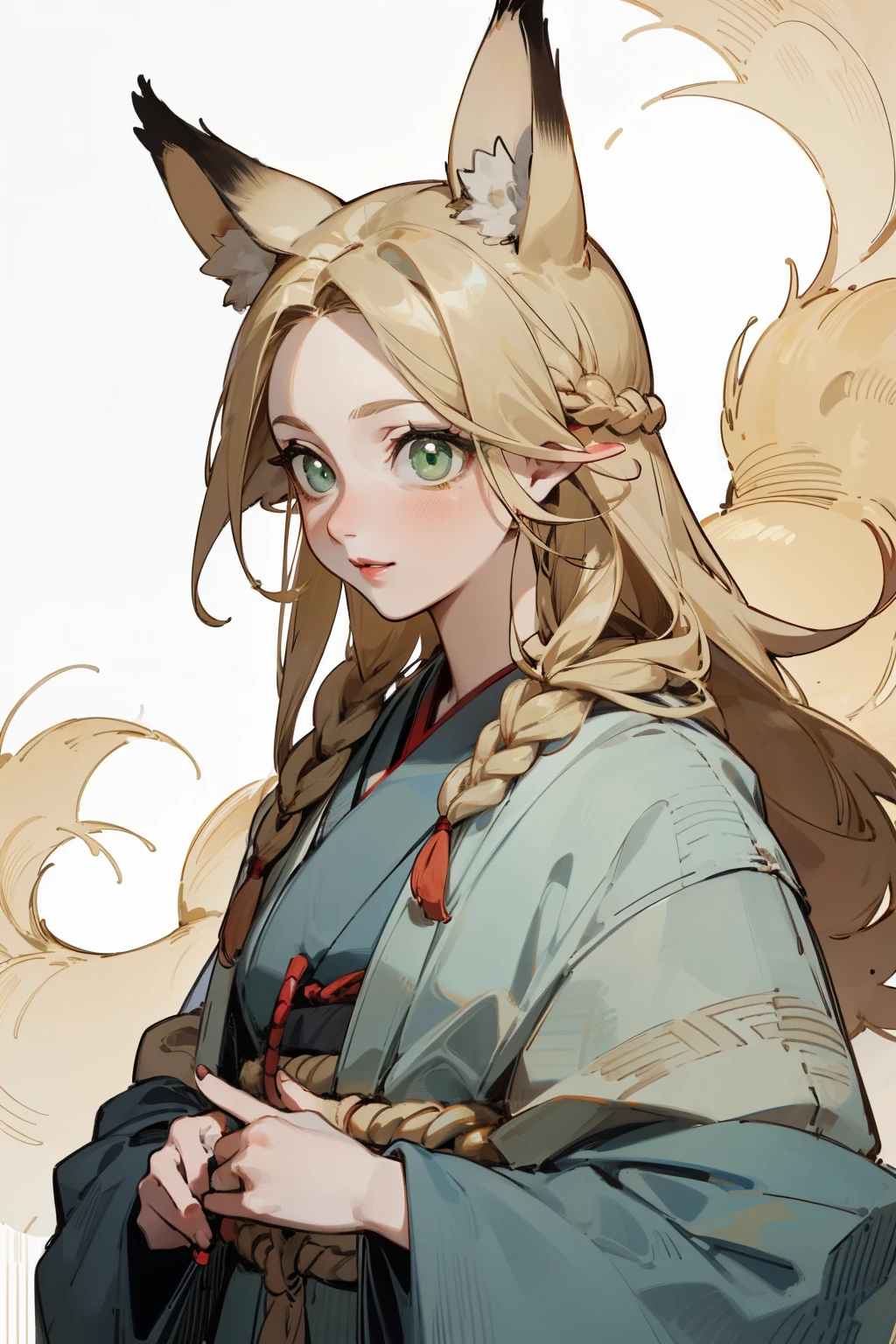 Upper body standing painting, Vision, panoramic, Honey, Solitary, Fair skin, (Fox ears), Exquisite eyes, Facial details, Green Eyes, Red Eyeshadow, lips are red, white magic dress, careful, Fake laugh, Ukiyo-e, masterpiece, high quality, at the lowest limit, Tiny,