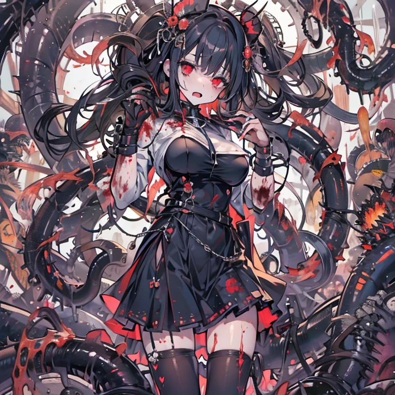 masterpiece, best quality, masterpiece,best quality,official art,extremely detailed CG unity 8k wallpaper, show foot, ***********, solo, kawaii, no_humans, medium hair, black hair, tentacle hair, saliva, blood on face, light blush, red eyes, blood from eyes, large breasts, hanging breasts, one breast out, seifuku, black pantyhose, uwabaki, tentacle, vore, bdsm, girl_on_top, sex, femdom, facesitting, pussy_juice, female_ejaculation, cum, zombie  girl ，one girl one boy，Girl infects man，Man under girl，Zombie girl