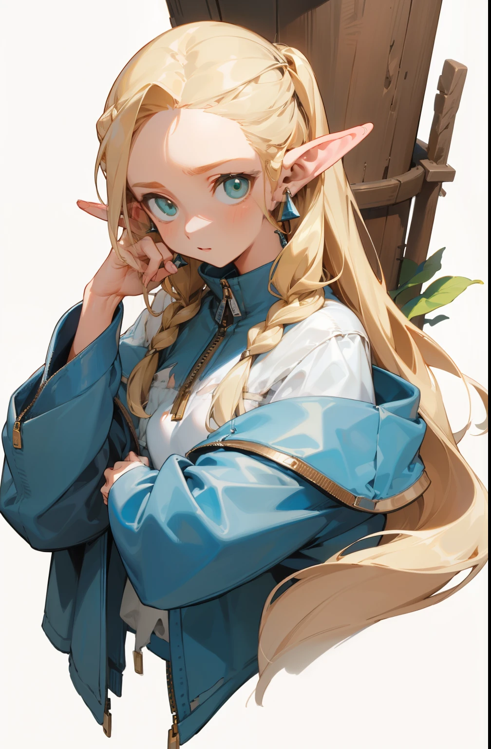 (masterpiece, best quality) detailed, silver accessories , The zipper is not closed , blond ,elegant, Pointed ears ,Torn clothespin,Off-shoulder,whole body