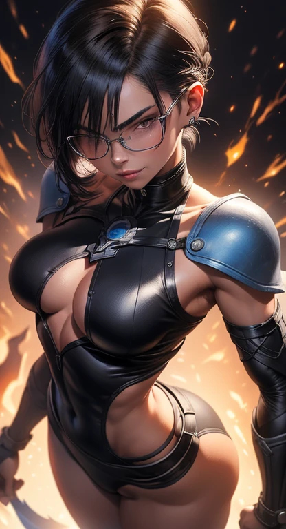 solo, masterpiece, best quality, agrias, grey sweater, black leotard, standing, looking at viewer, short hair,oculos,evil smile, evil look, chun li,luvas preta,roupa azul,yandere rosto,low lighting,coxa sarada