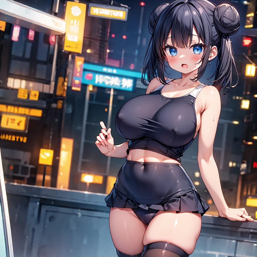 highest quality,wonderful,finely,extremely detailed CG Unity 8K wallpaper, (1 Girl,Black Hair, Blue Eyes,double bun), (gigantic breasts:1.2), (school swimsuit:1.1), (Bare shoulders:1.1), (clavicle:1.1), (Underboob:1.2), (open mouth:1.2), (long tongue:1.2), (mouth drool:1.2), (zettai ryouiki:1.2),(Waistline:1.2), (Are standing:1.2),(from front:1.1)