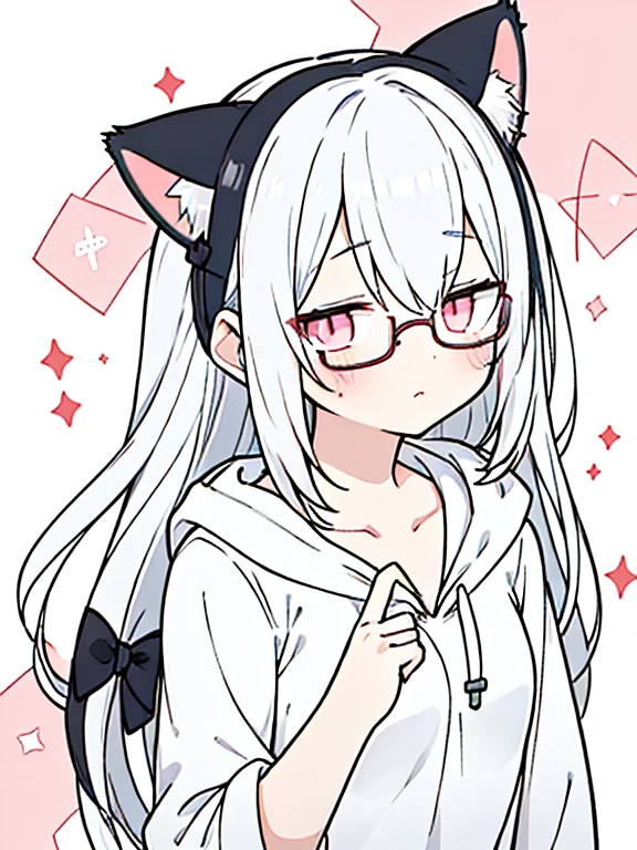 best quality, masterpiece, 1 girl, loli, upper body, female, pink eyes, long hair, small breasts, glasses, hime cut, expressionless, wink , cat ears, white hair, silver hair, streaked hair，hoodie,  murder, long bangs