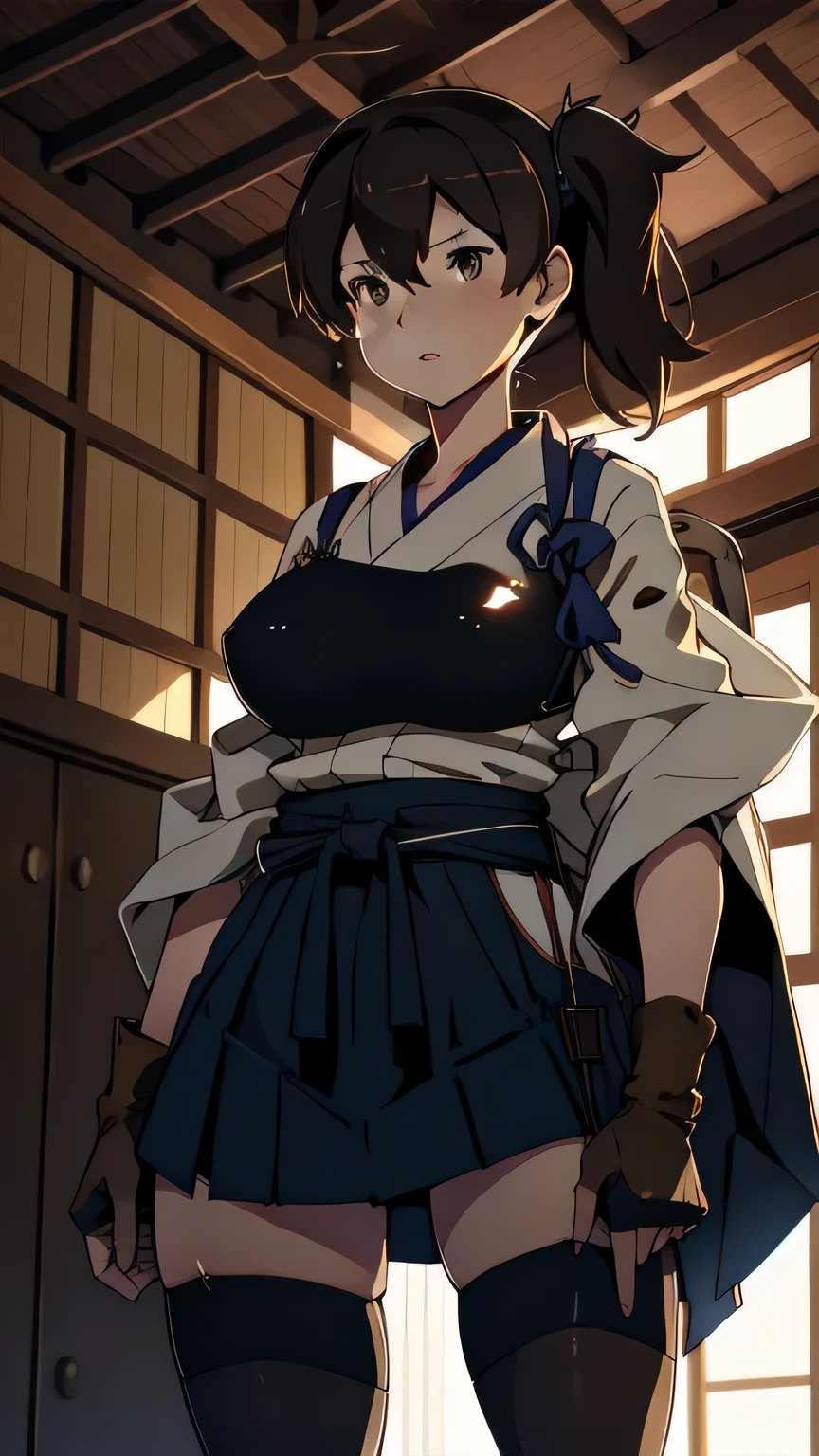 Open your mouth, big breasts ,,BTPT-FC,Wide Hips,kaga (kancolle), {{kaga kai ni (kancolle)}}, side ponytail, brown eyes, black long hair, black thighhighs, short skirt, hakama skirt, japanese clothes, , blue hakama, hakama, muneate, tasuki, partially fingerless gloves, brown single glove, 
,Tsurime,Fleet Collection, Wide Hips, highest quality,,Have,Are standing,Cowboy Shot,room,