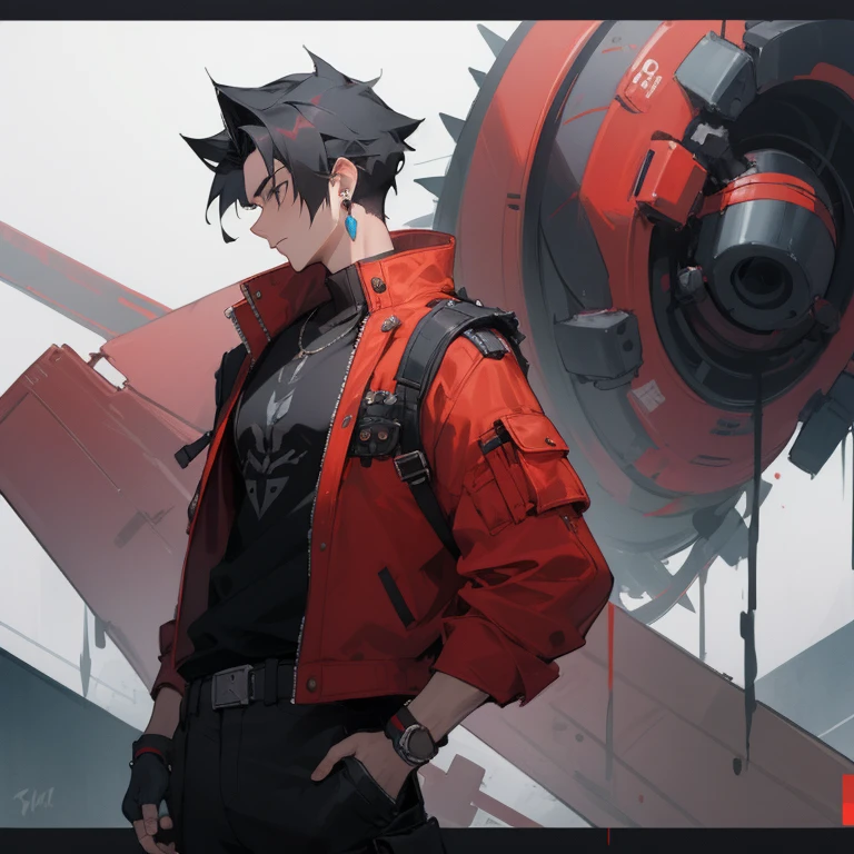 ((highest quality)), ((masterpiece)), (be familiar with), 1 male, alone, Black Hair,Spiky Hair,cargo pants,Red jacket,Black Shirt,Large size,Fingerless Gloves, cyber punk,SF,Pistol,Earrings