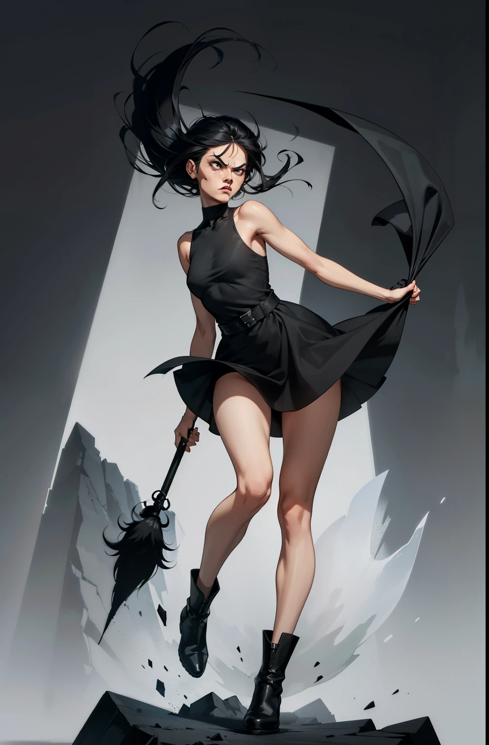 makeup, Soft or colored lips, simple black background, minimalism, monotonous, grumpy face, short dress, exposed feet, short black dress, boots, straight hair tied up, attacks with a big stick, angry body expression, perfect anatomy, dynamic pose, perfect hands, wind in dress