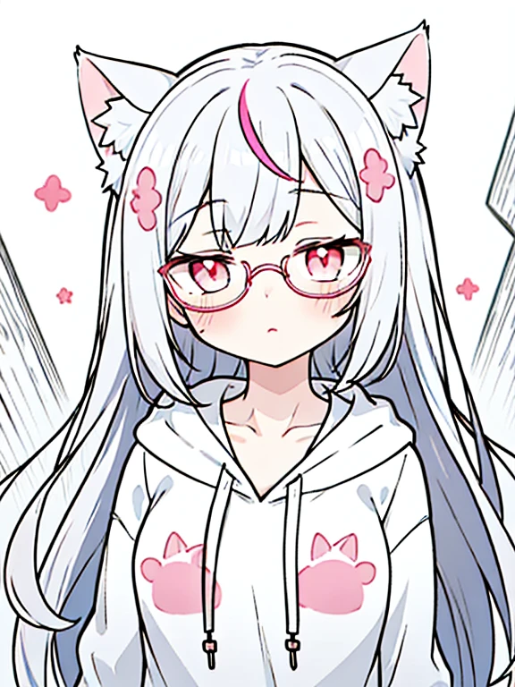 best quality, masterpiece, 1 girl, loli, upper body, female, pink eyes, long hair, small breasts, glasses, hime cut, expressionless, wink , cat ears, white hair, silver hair, streaked hair,hoodie, murder, long bangs